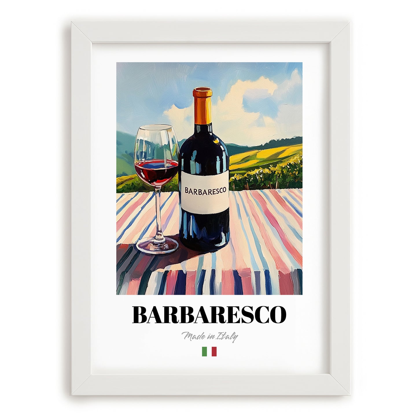 Barbaresco – Italian Red Wine, Wine Bar Still Life, placed in minimal white frame