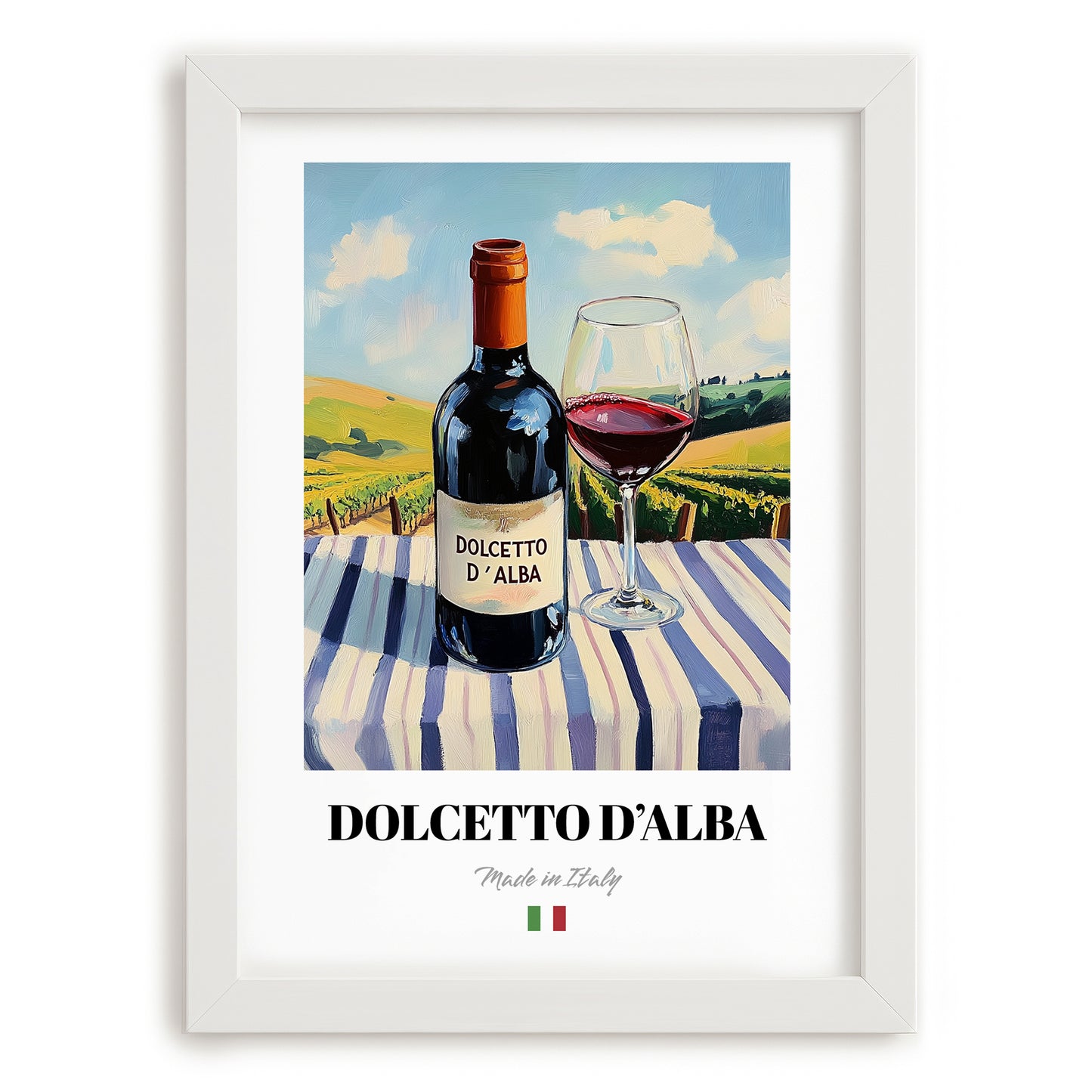 Dolcetto d'Alba – Italian Red Wine, Vinoteca Wall Art, placed in minimal white frame