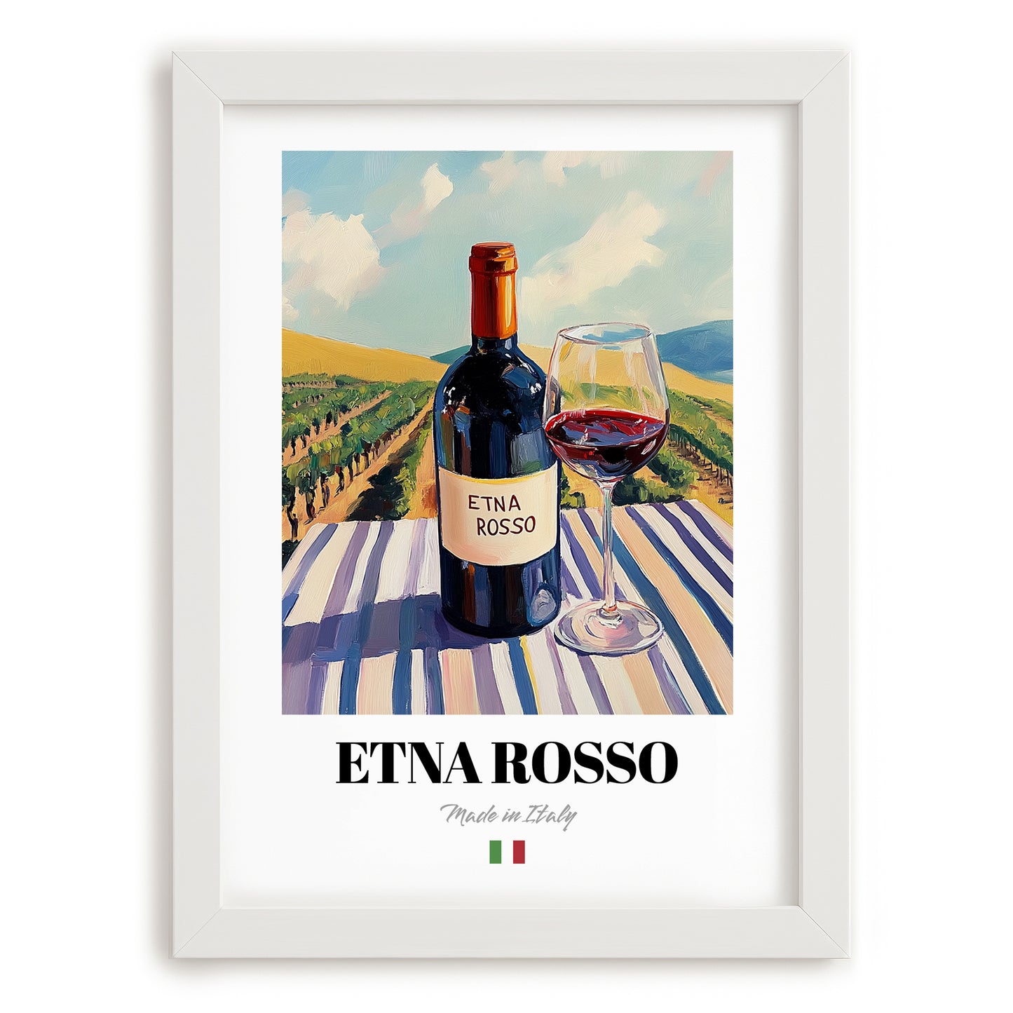 Etna Rosso – Italian Red Wine, Vinoteca Painting, placed in minimal white frame