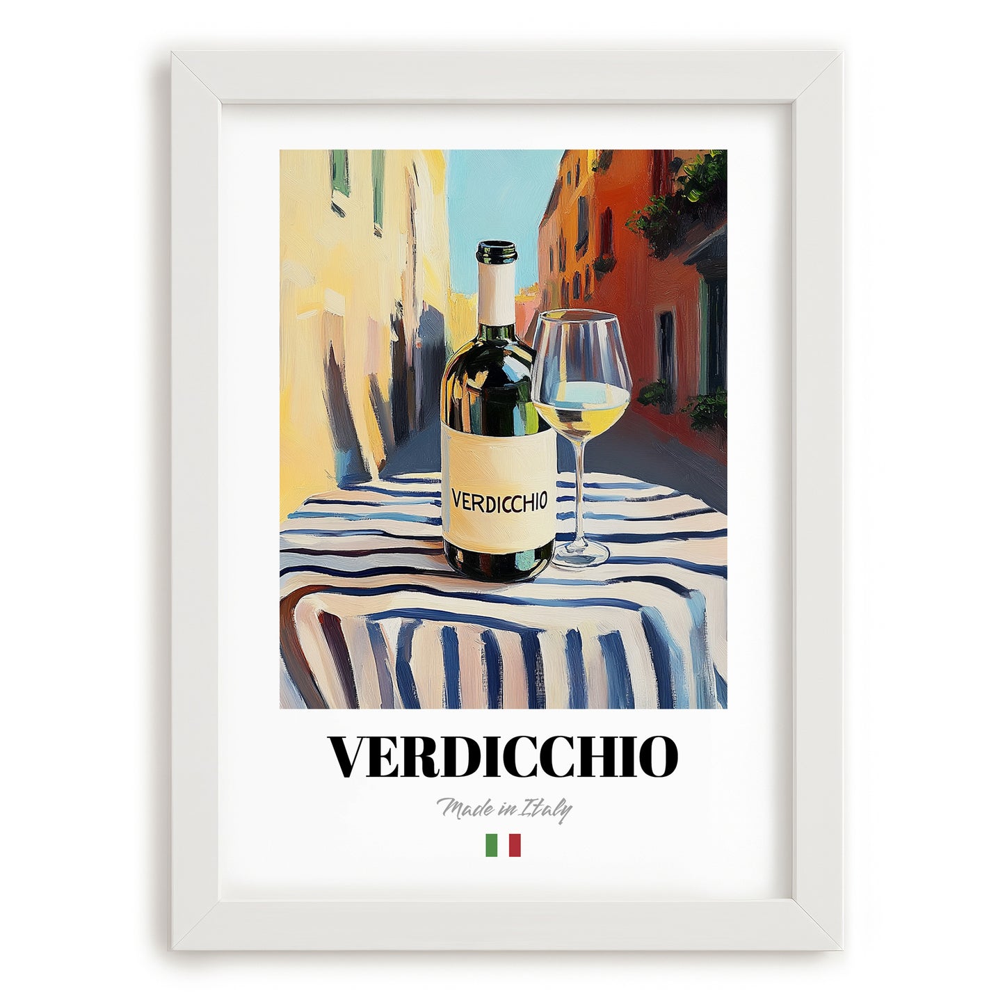 Verdicchio – Italian White Wine, Wine Bar Still Life, placed in minimal white frame