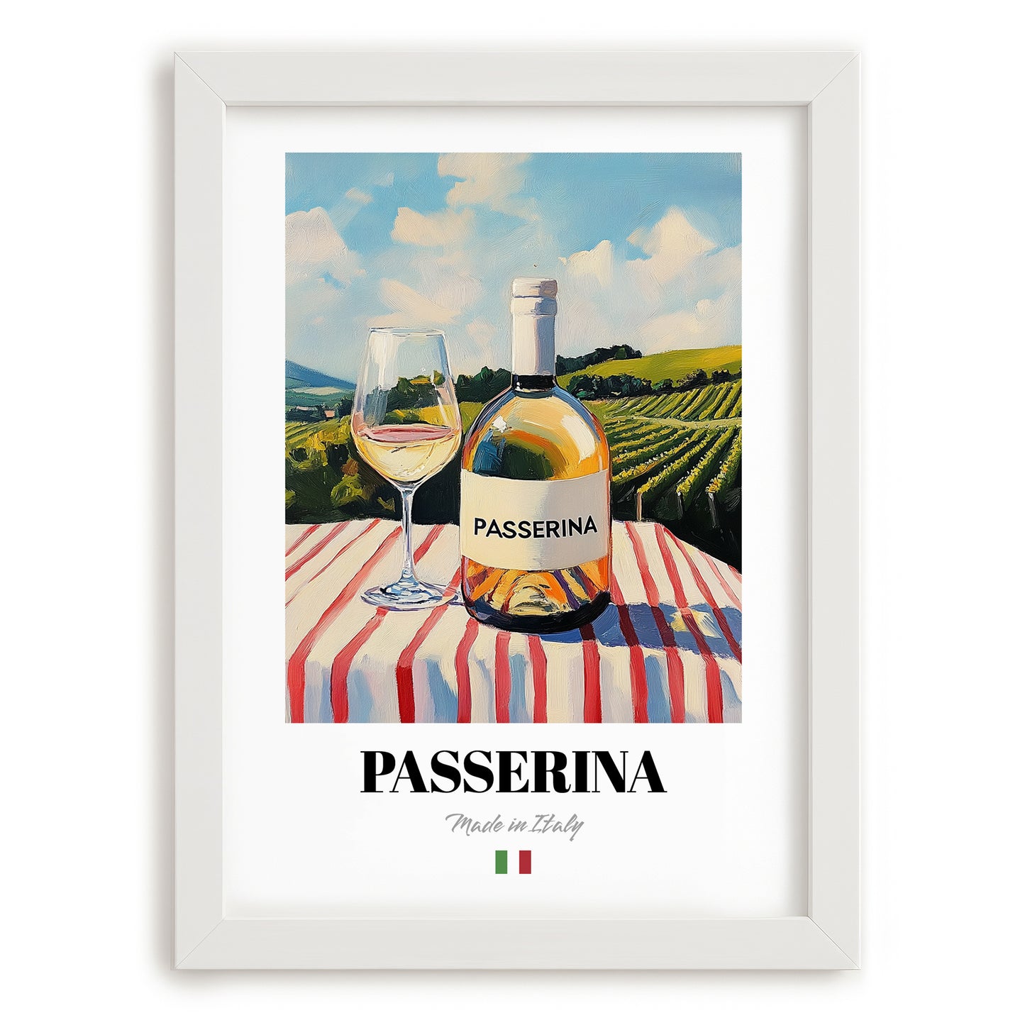 Passerina – Italian White Wine, Bodega Painting, placed in minimal white frame