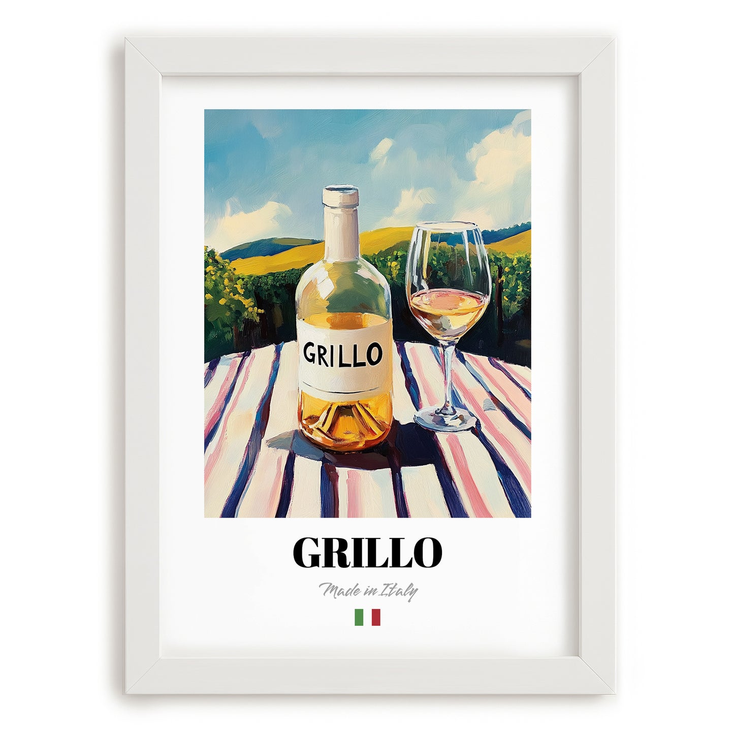 Grillo – Italian White Wine, Wine Bar Poster, placed in minimal white frame