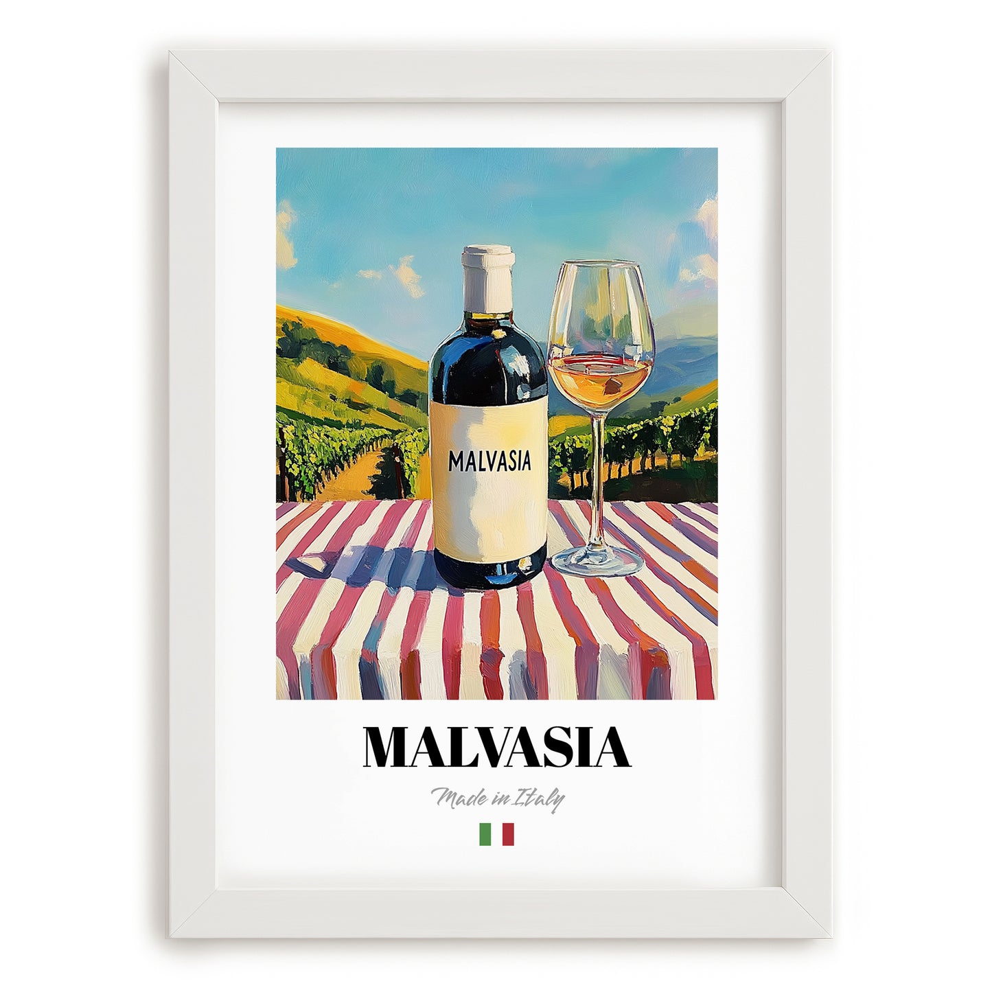 Malvasia – Italian White Wine, Wine Bar Painting, placed in minimal white frame