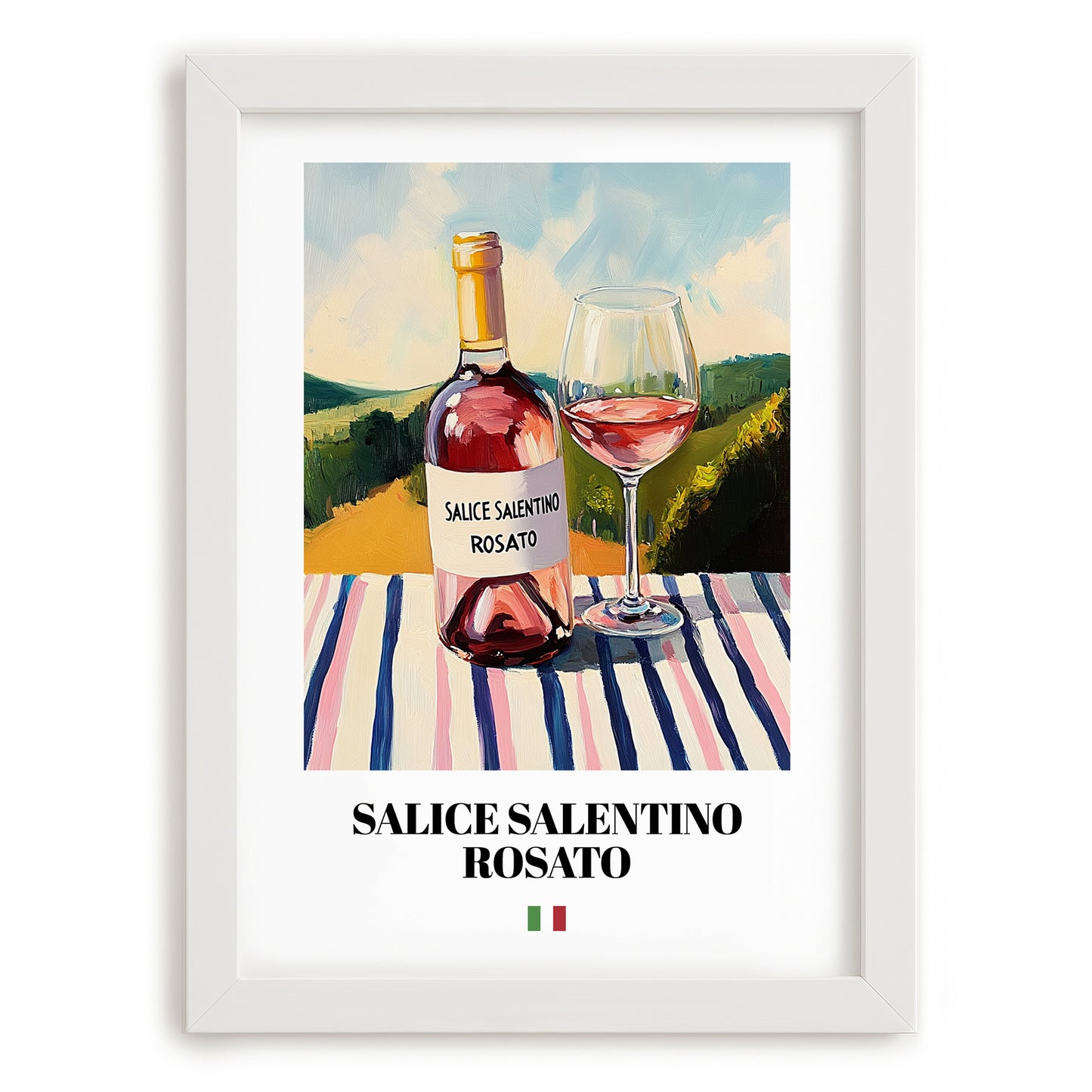 Salice Salentino Rosato – Italian Rose Wine, Tasting Room Wall Art, placed in minimal white frame