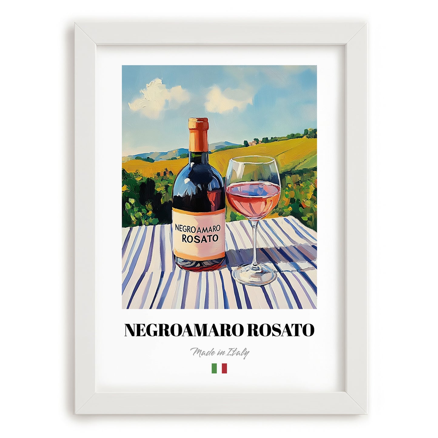 Negroamaro Rosato – Italian Rose Wine, Enoteca Wall Decor, placed in minimal white frame