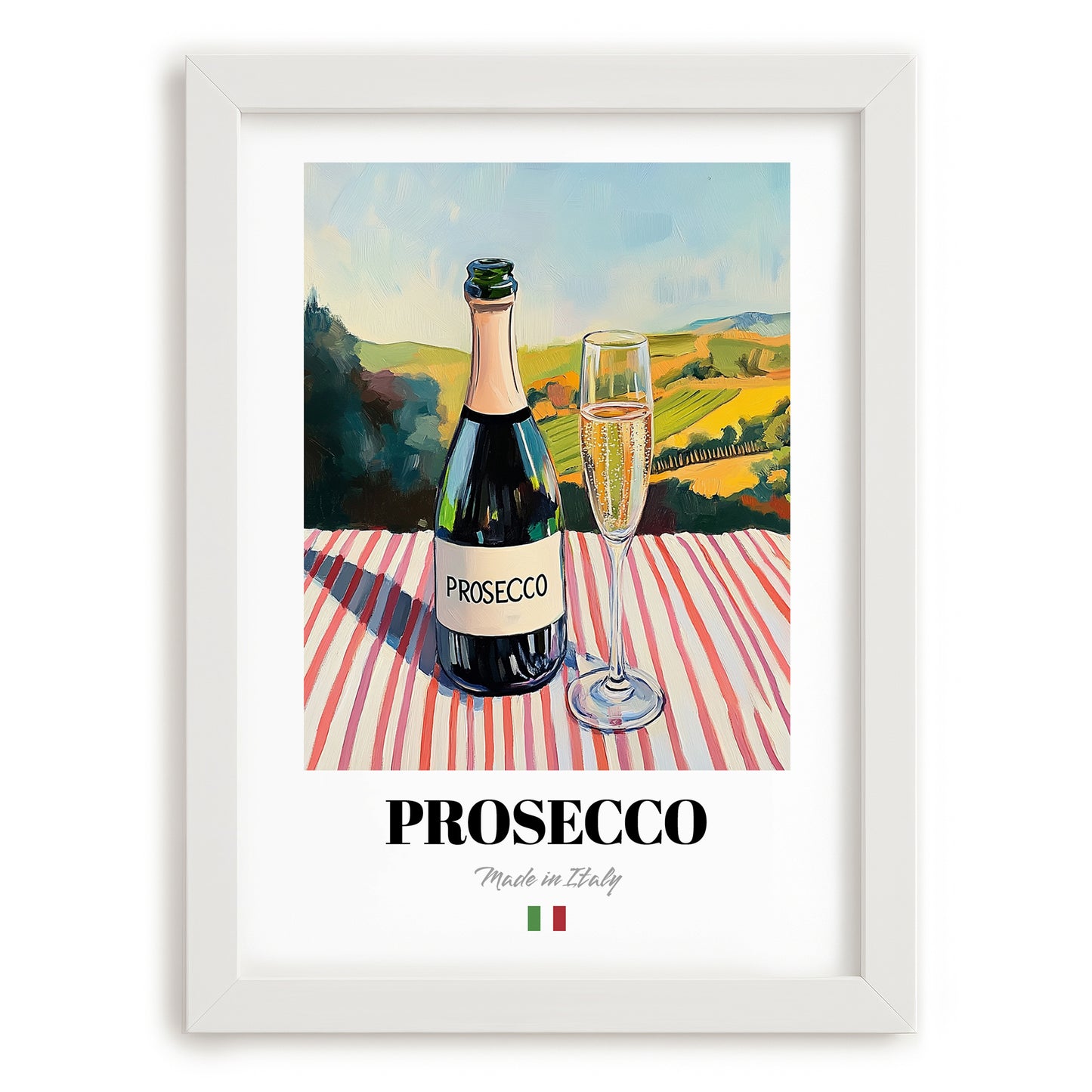 Prosecco – Italian Sparkling Wine, Vineyard Terrace Wall Decor, placed in minimal white frame
