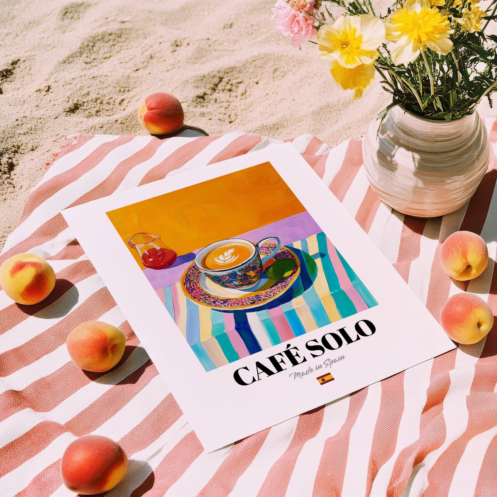 Café Solo – Spanish Coffee, Konditorei Still Life, unframed on coastal sand