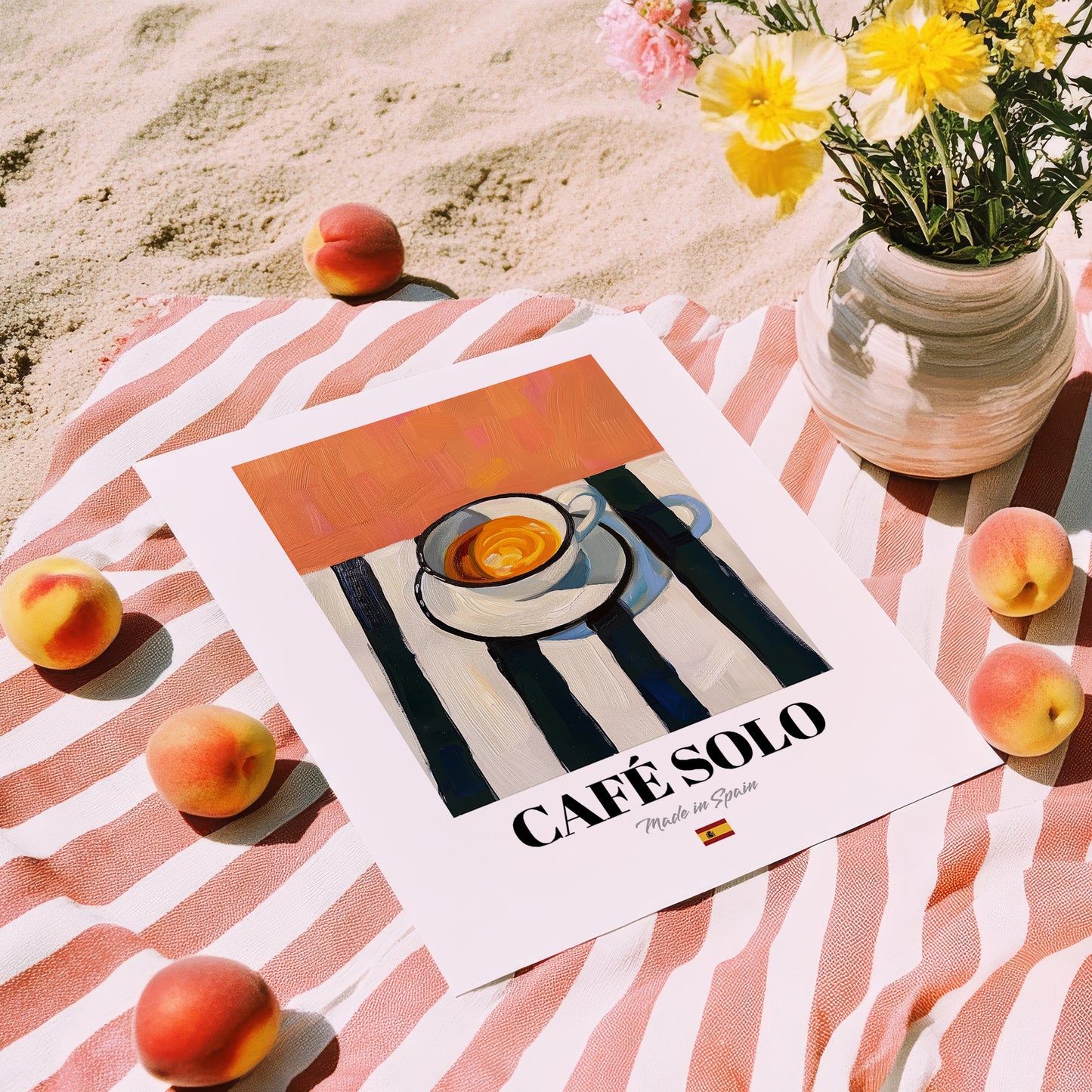 Café Solo – Spanish Coffee, Coffeehouse Wall Art, unframed on coastal sand