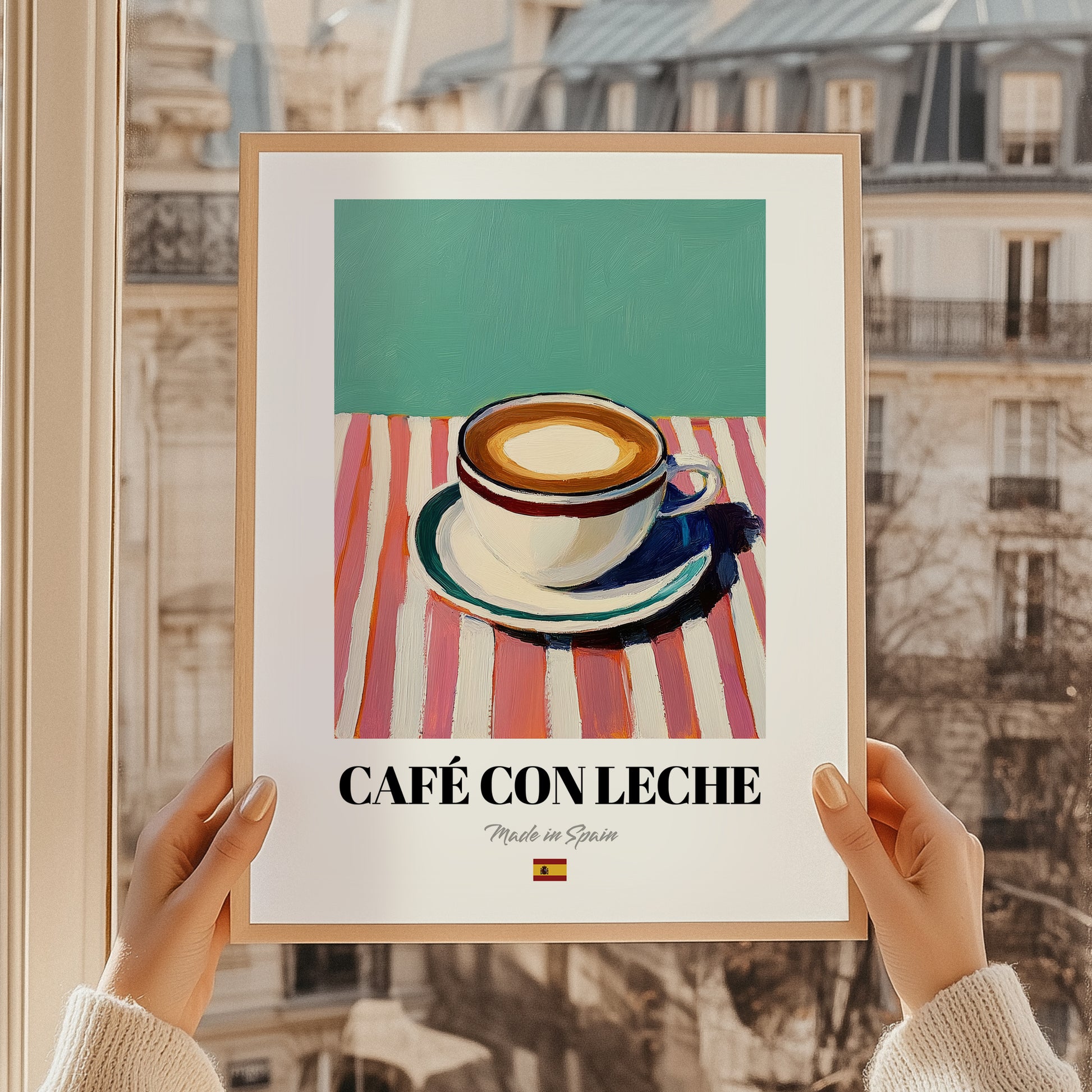 Café con Leche – Spanish Coffee, Book Café Painting, styled in a charming Paris street view