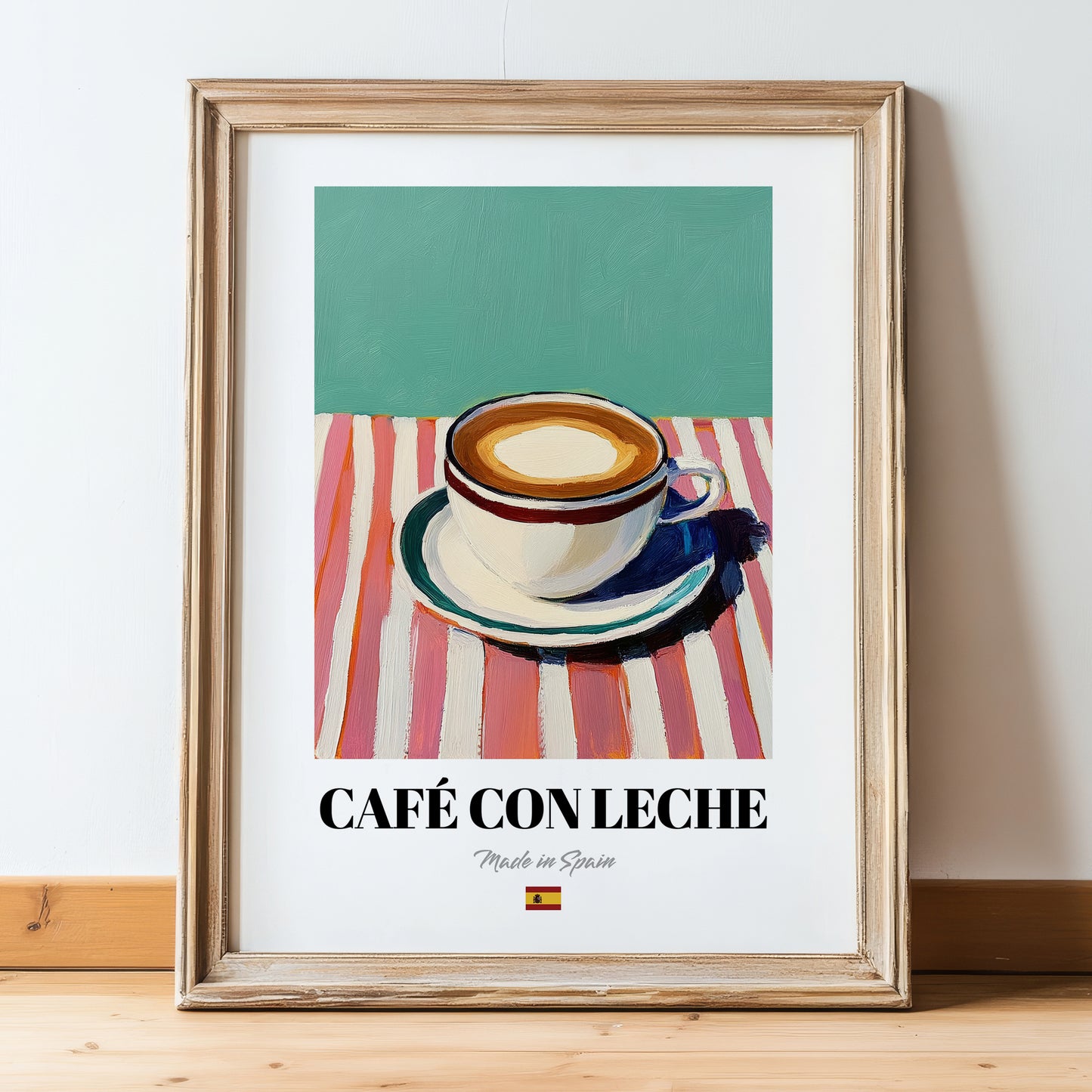 Café con Leche – Spanish Coffee, Book Café Painting, in wooden frame leaning on the floor
