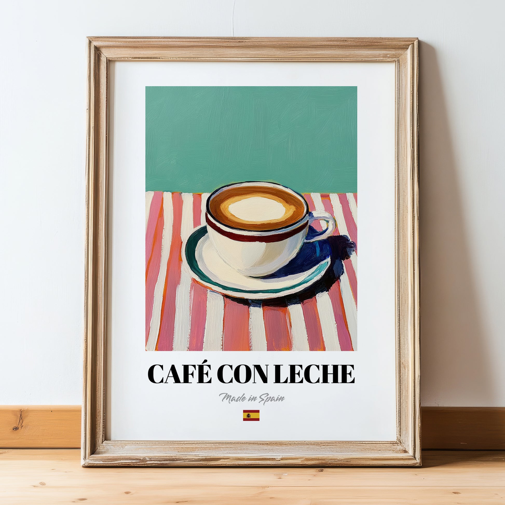 Café con Leche – Spanish Coffee, Book Café Painting, in wooden frame leaning on the floor