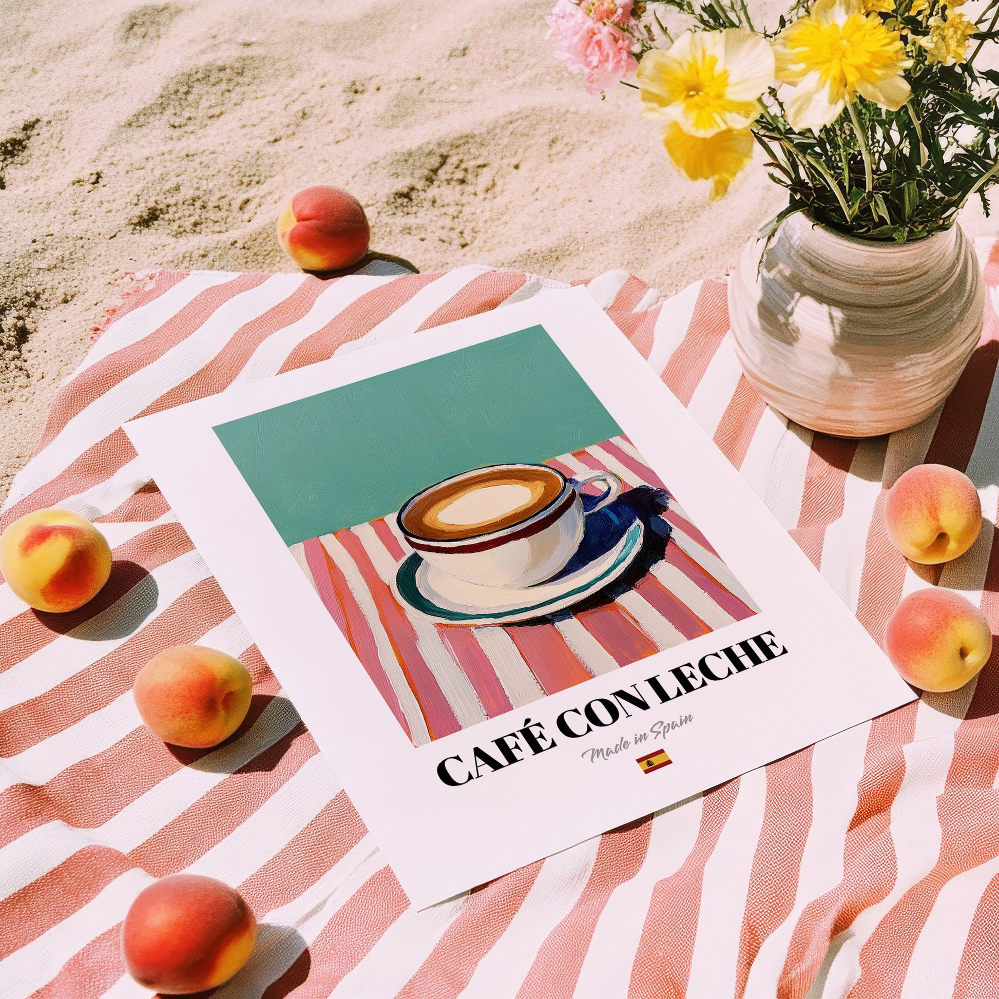 Café con Leche – Spanish Coffee, Book Café Painting, unframed on coastal sand