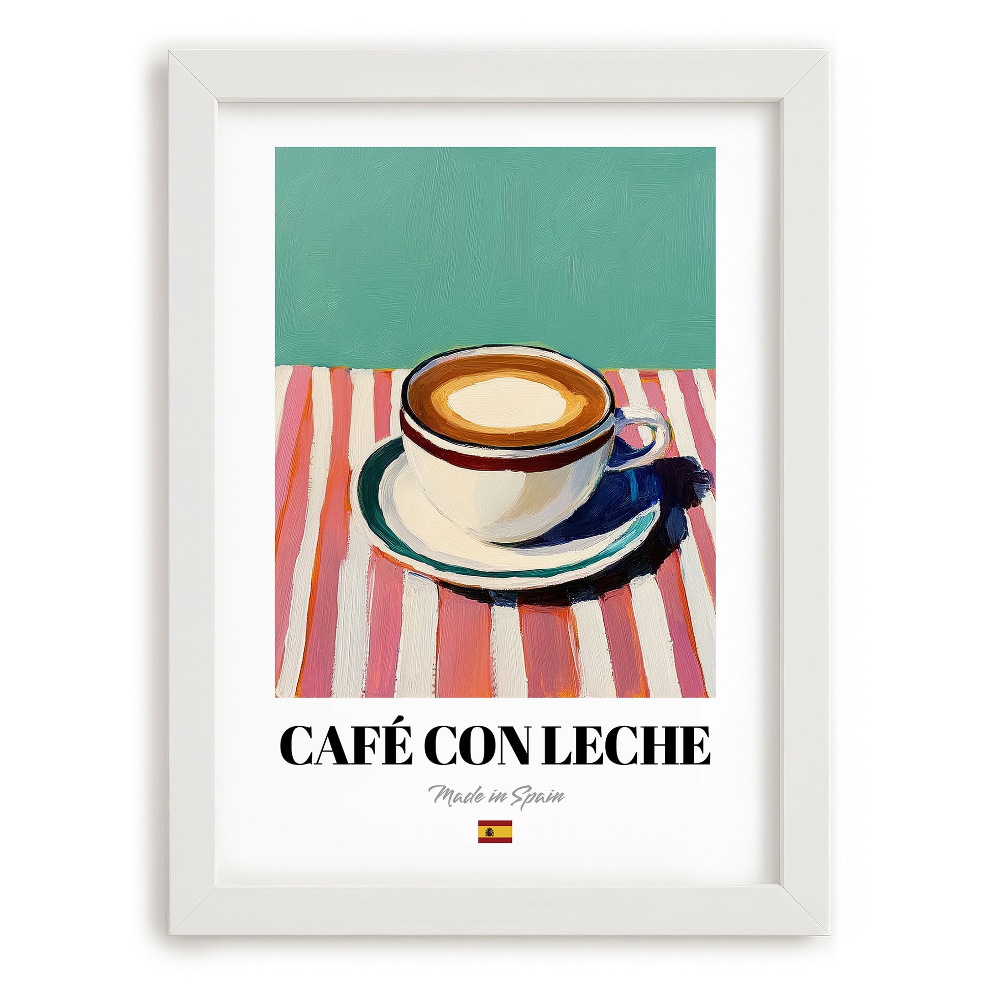Café con Leche – Spanish Coffee, Book Café Painting, placed in minimal white frame