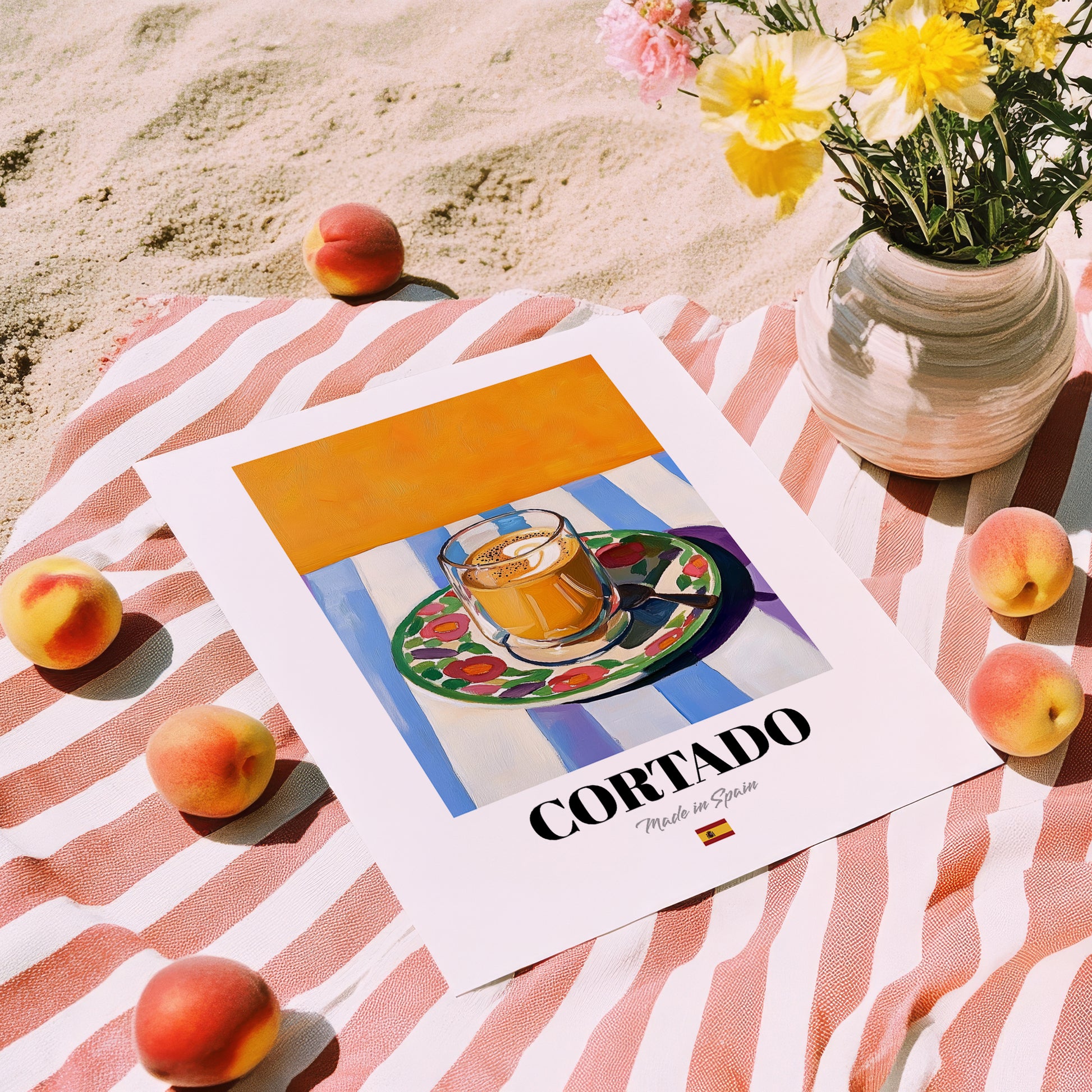 Cortado – Spanish Coffee, Espresso Bar Painting, unframed on coastal sand