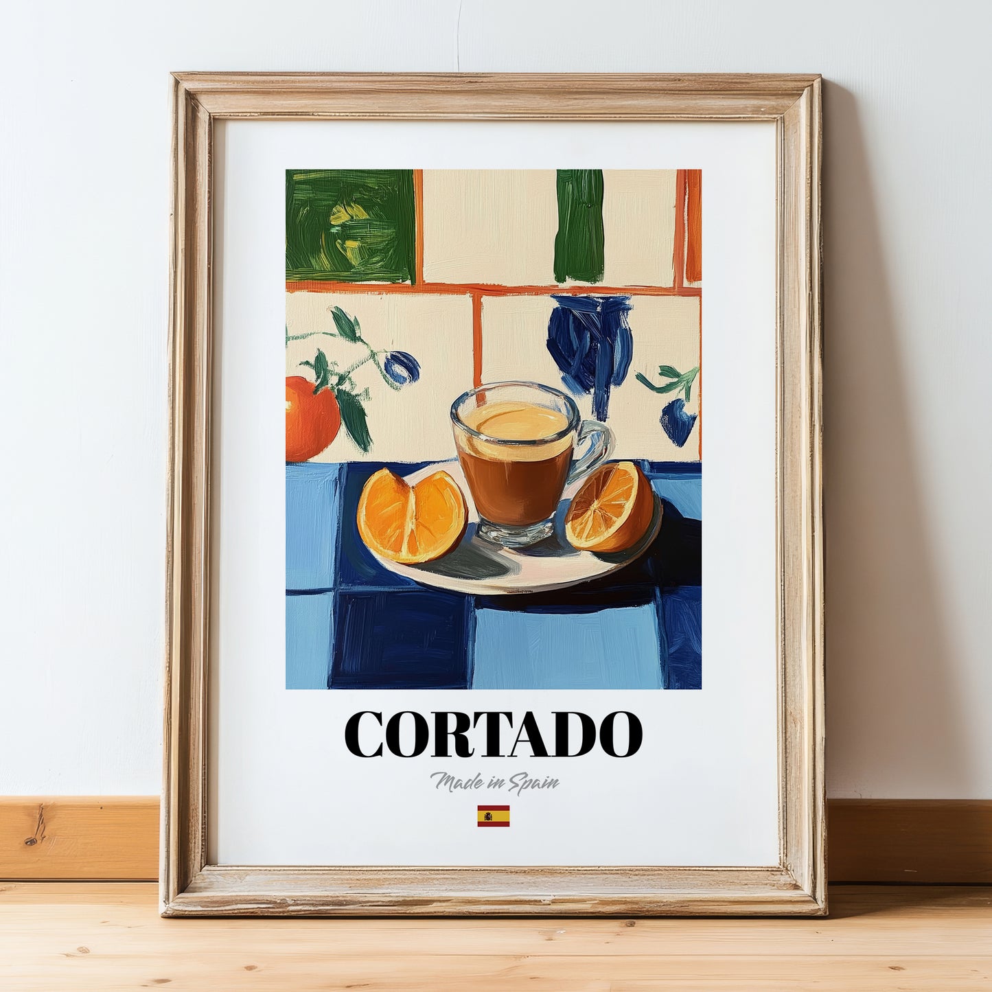 Cortado – Spanish Coffee, Konditorei Print, in wooden frame leaning on the floor