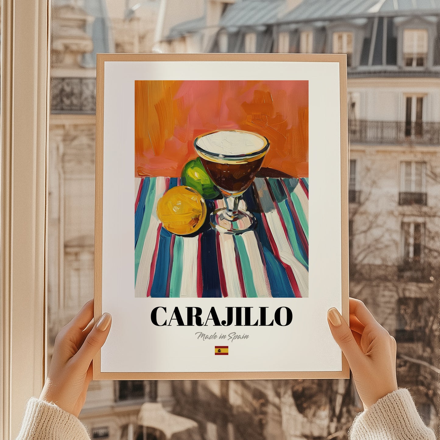 Carajillo – Spanish Coffee, Street Café Print, styled in a charming Paris street view