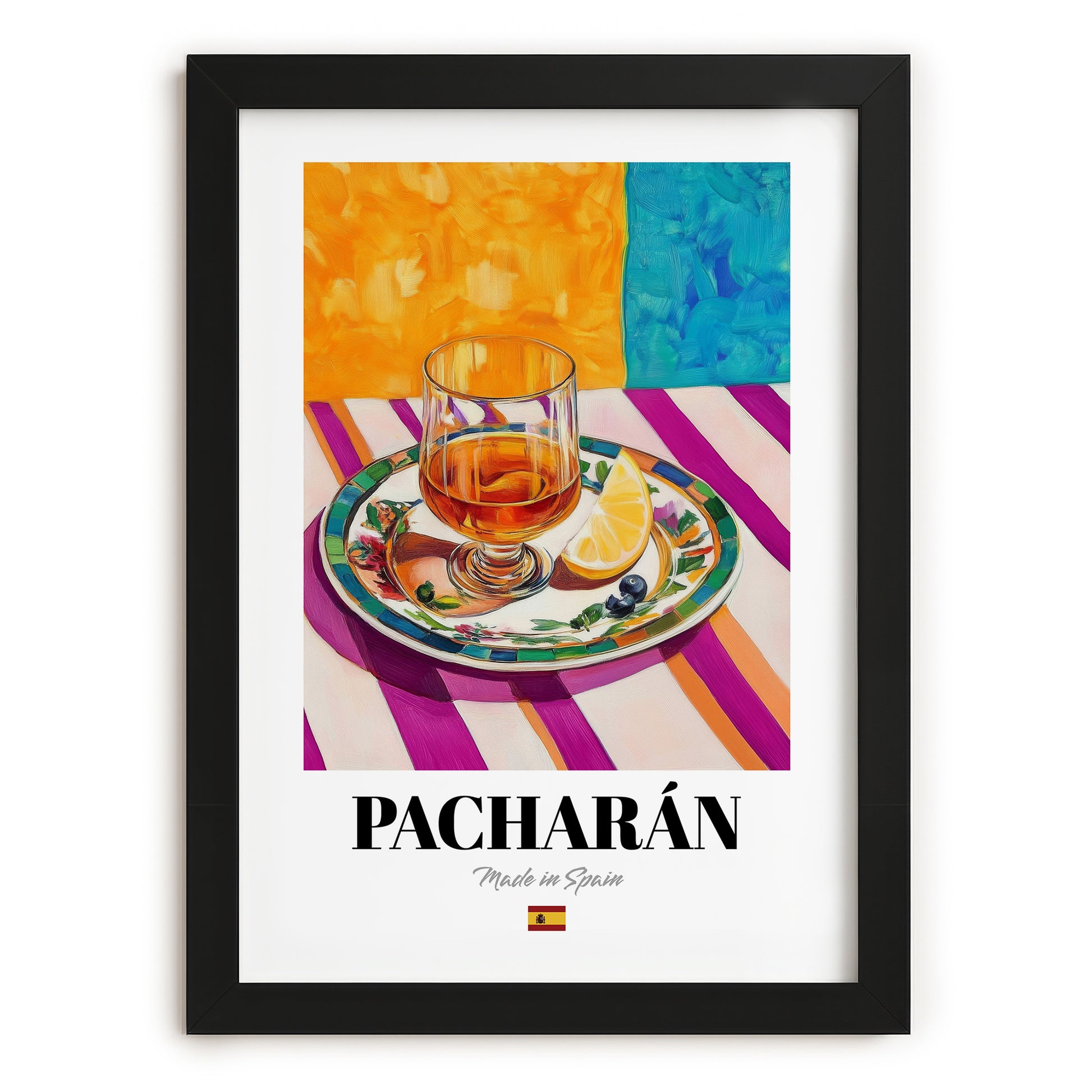 Pacharán – Spanish Liqueur Drink, Sky Bar Illustration, in sleek black frame