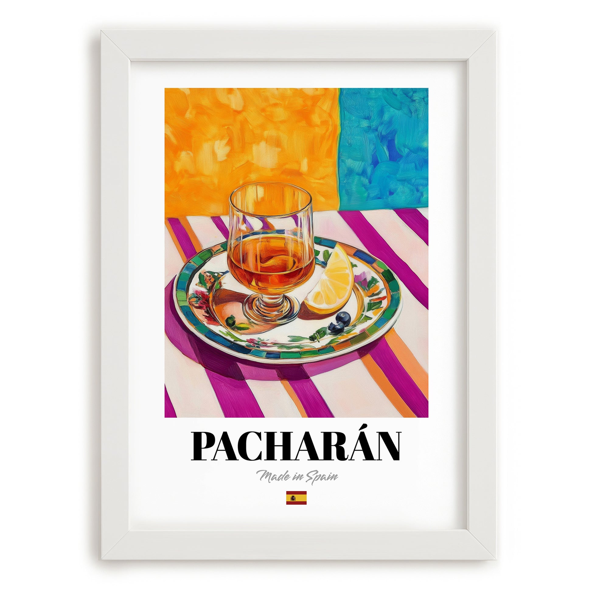 Pacharán – Spanish Liqueur Drink, Sky Bar Illustration, placed in minimal white frame