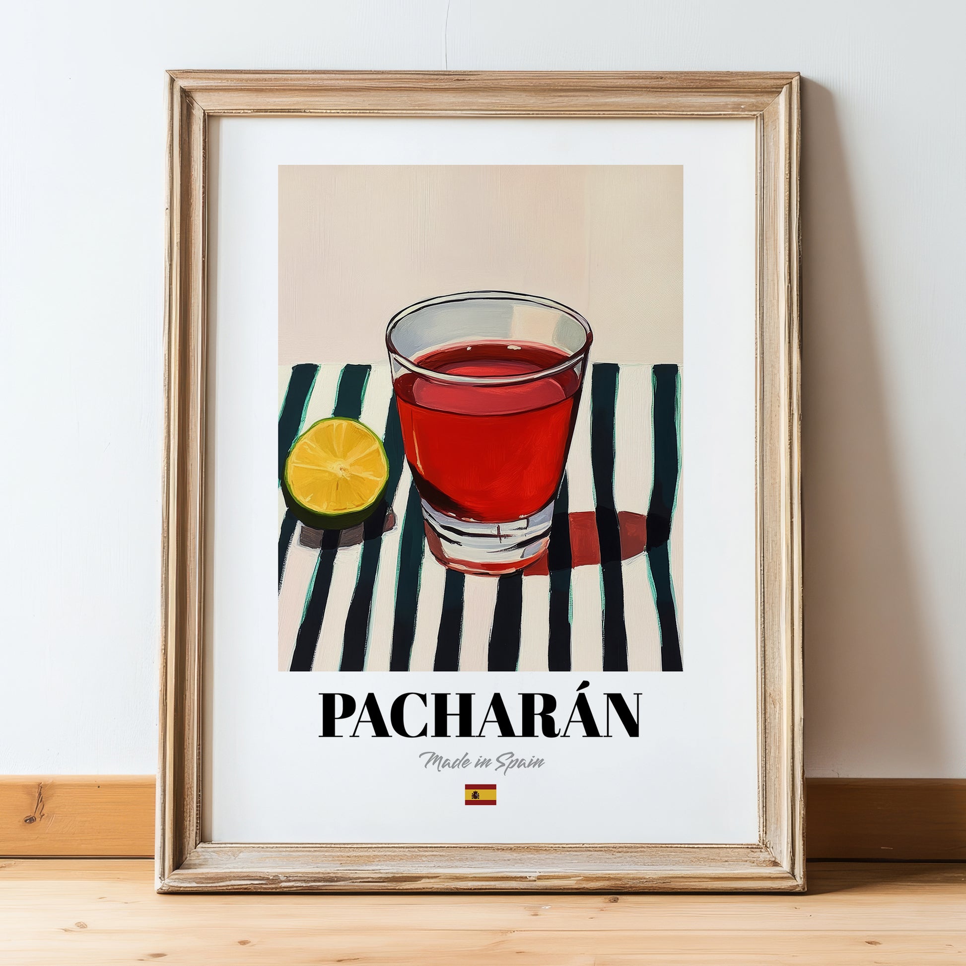 Pacharán – Spanish Liqueur Drink, Beach Bar Poster, in wooden frame leaning on the floor