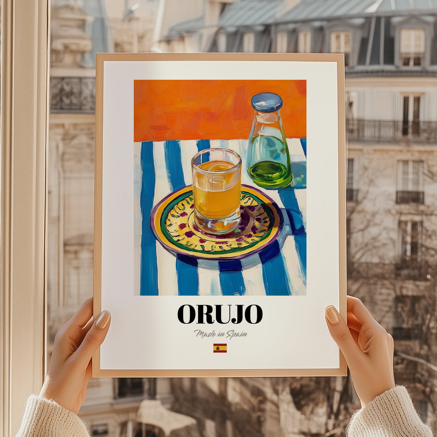 Orujo – Spanish Spirit Drink, Beach Bar Art, styled in a charming Paris street view