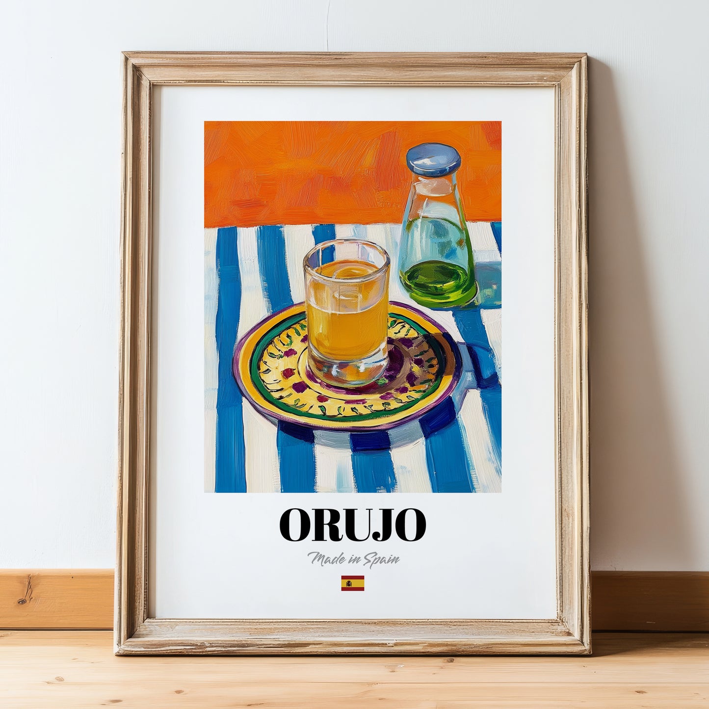 Orujo – Spanish Spirit Drink, Beach Bar Art, in wooden frame leaning on the floor
