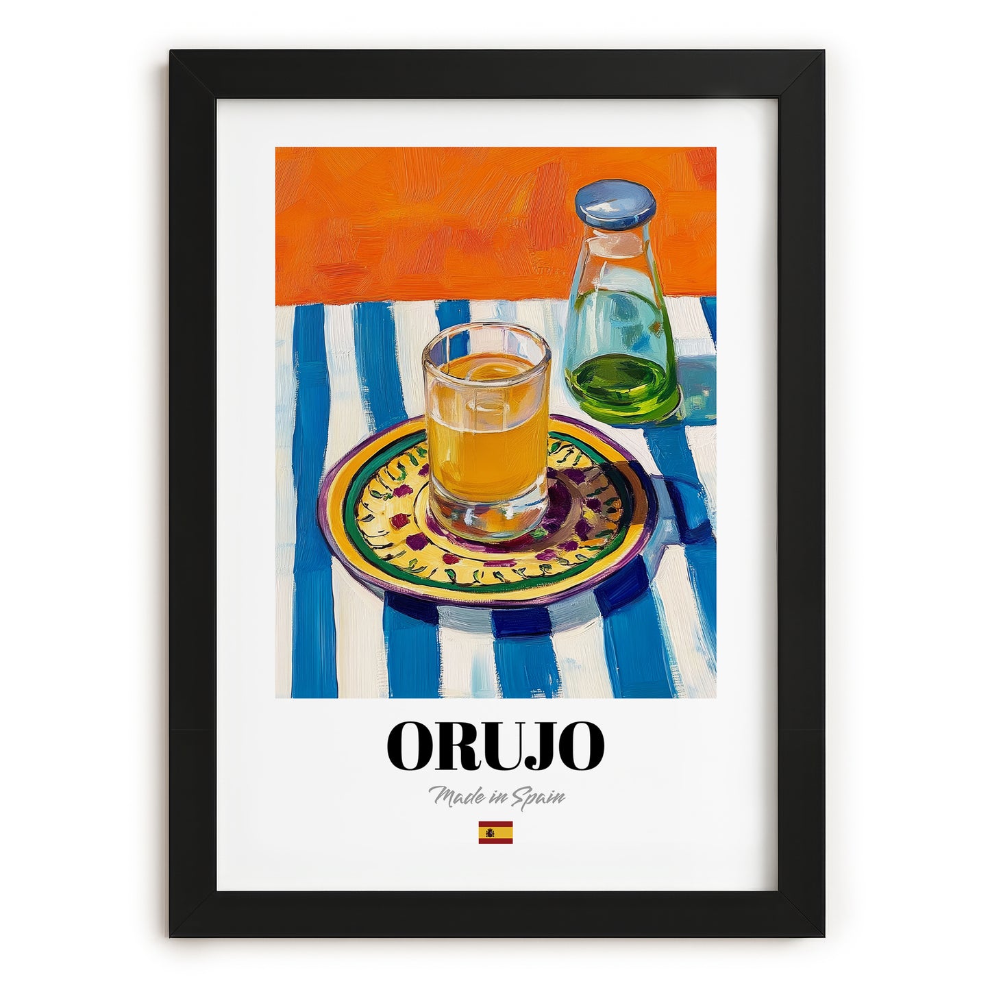 Orujo – Spanish Spirit Drink, Beach Bar Art, in sleek black frame