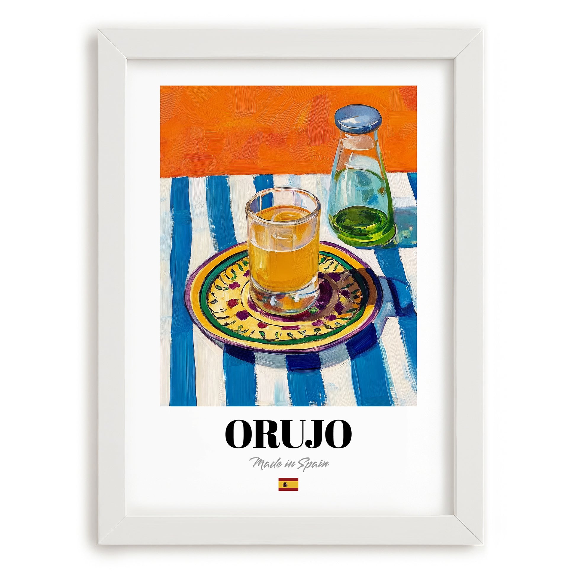 Orujo – Spanish Spirit Drink, Beach Bar Art, placed in minimal white frame