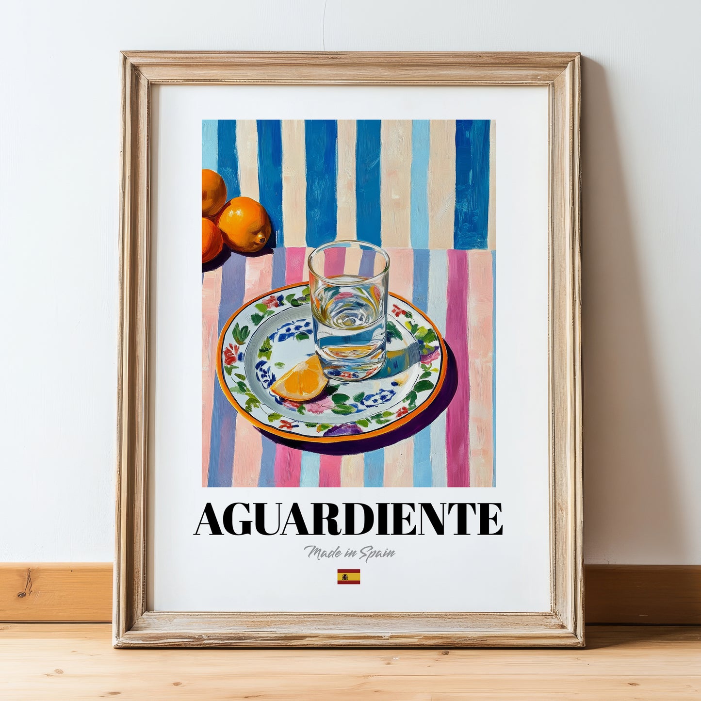 Aguardiente – Spanish Spirit Drink, Rooftop Terrace Poster, in wooden frame leaning on the floor