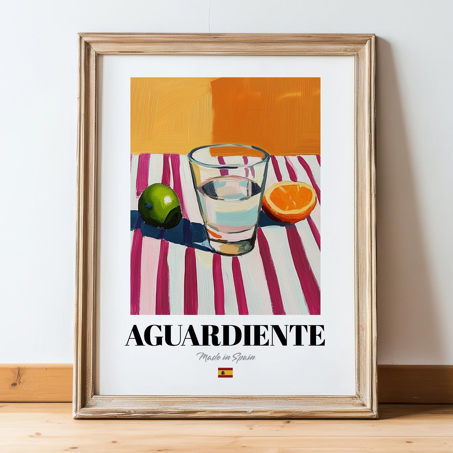 Aguardiente – Spanish Spirit Drink, Beach Bar Wall Art, in wooden frame leaning on the floor