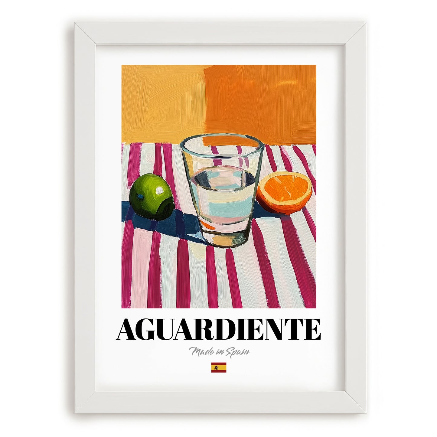 Aguardiente – Spanish Spirit Drink, Beach Bar Wall Art, placed in minimal white frame