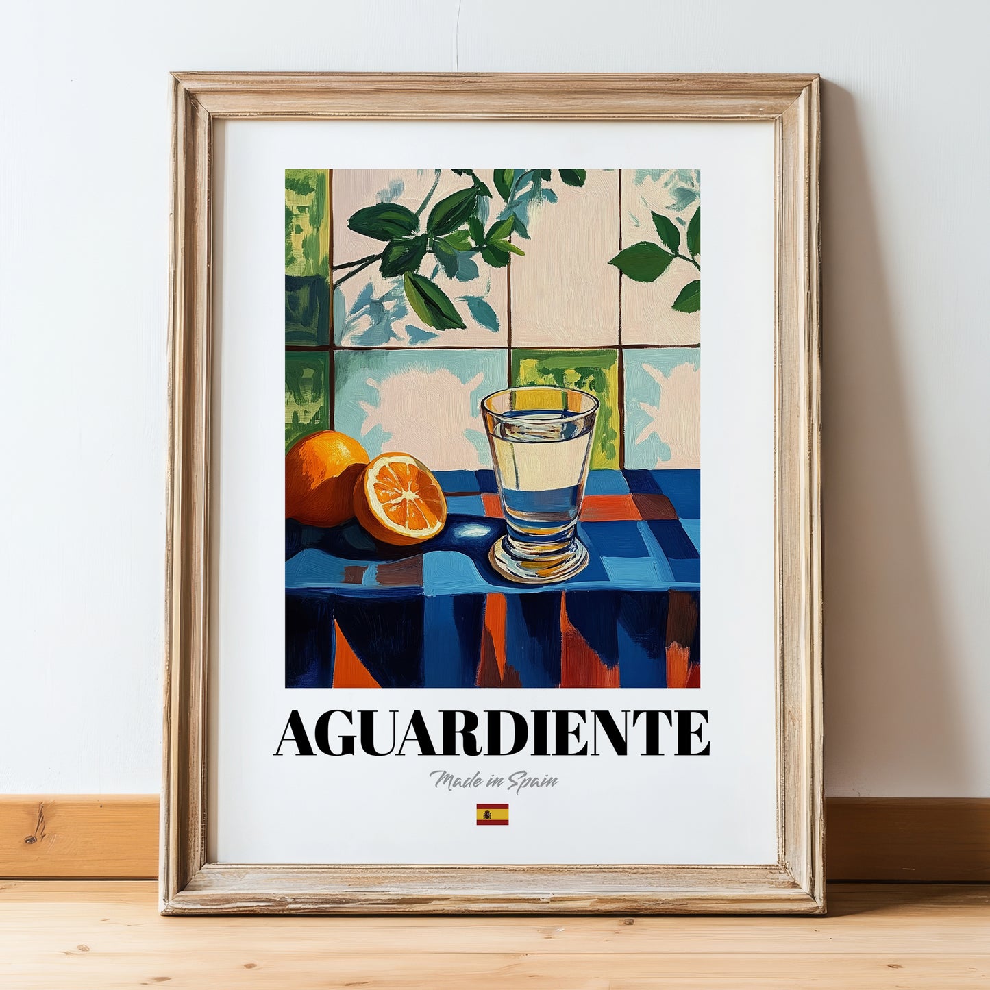 Aguardiente – Spanish Spirit Drink, Cocktail Lounge Art, in wooden frame leaning on the floor