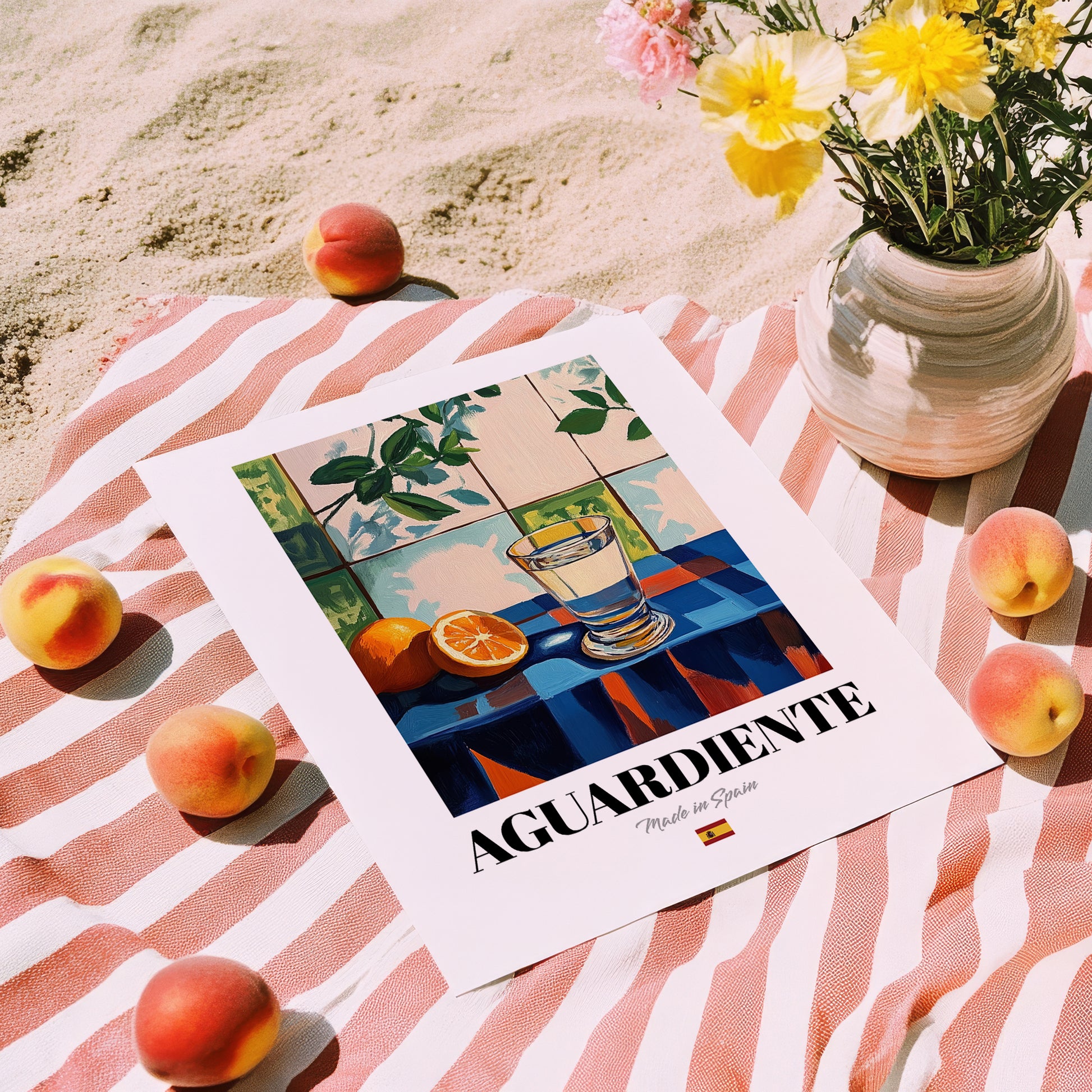 Aguardiente – Spanish Spirit Drink, Cocktail Lounge Art, unframed on coastal sand