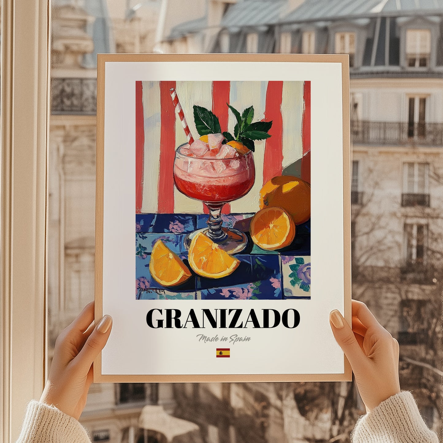 Granizado – Spanish Beverage Drink, Jazz Bar Wall Art, styled in a charming Paris street view