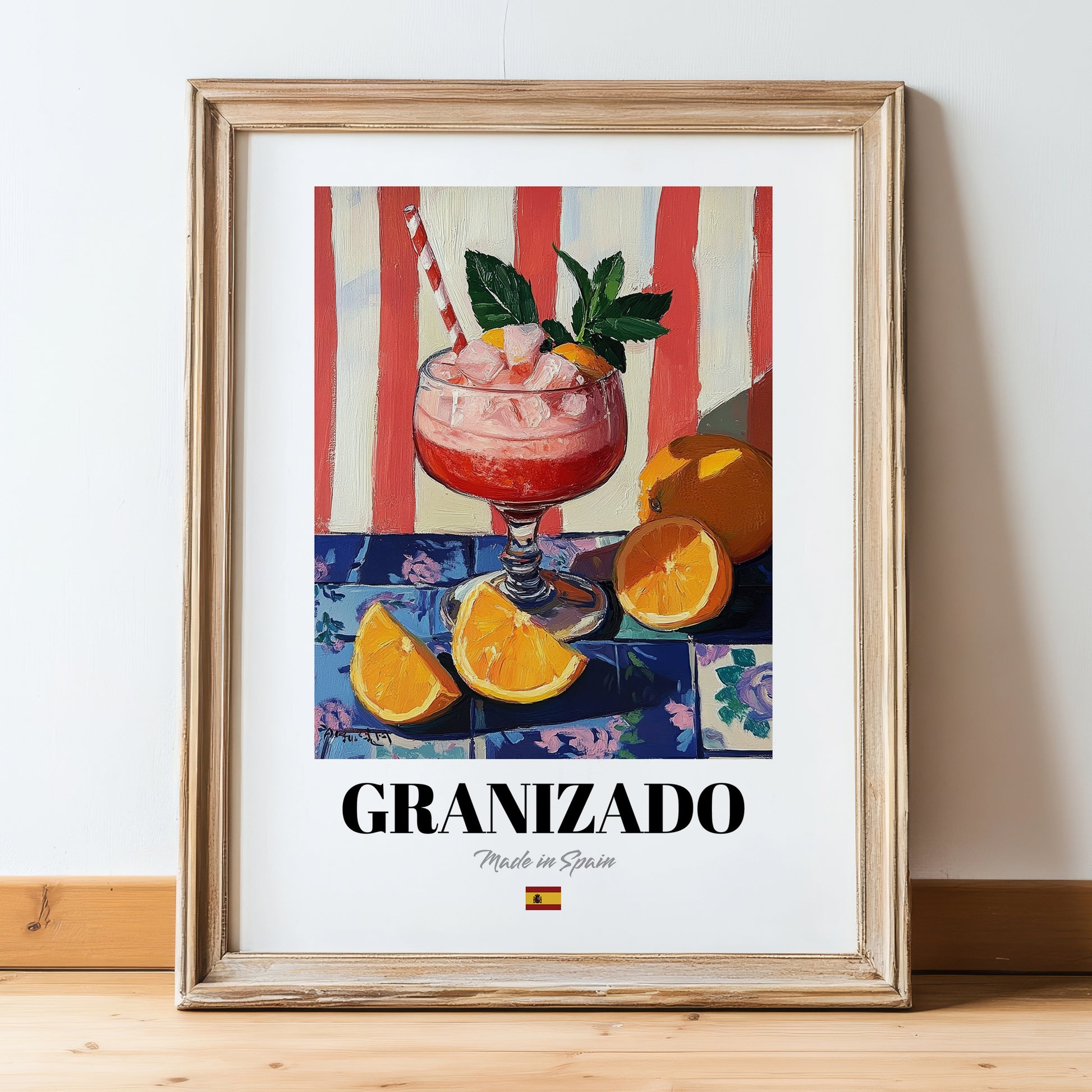 Granizado – Spanish Beverage Drink, Jazz Bar Wall Art, in wooden frame leaning on the floor