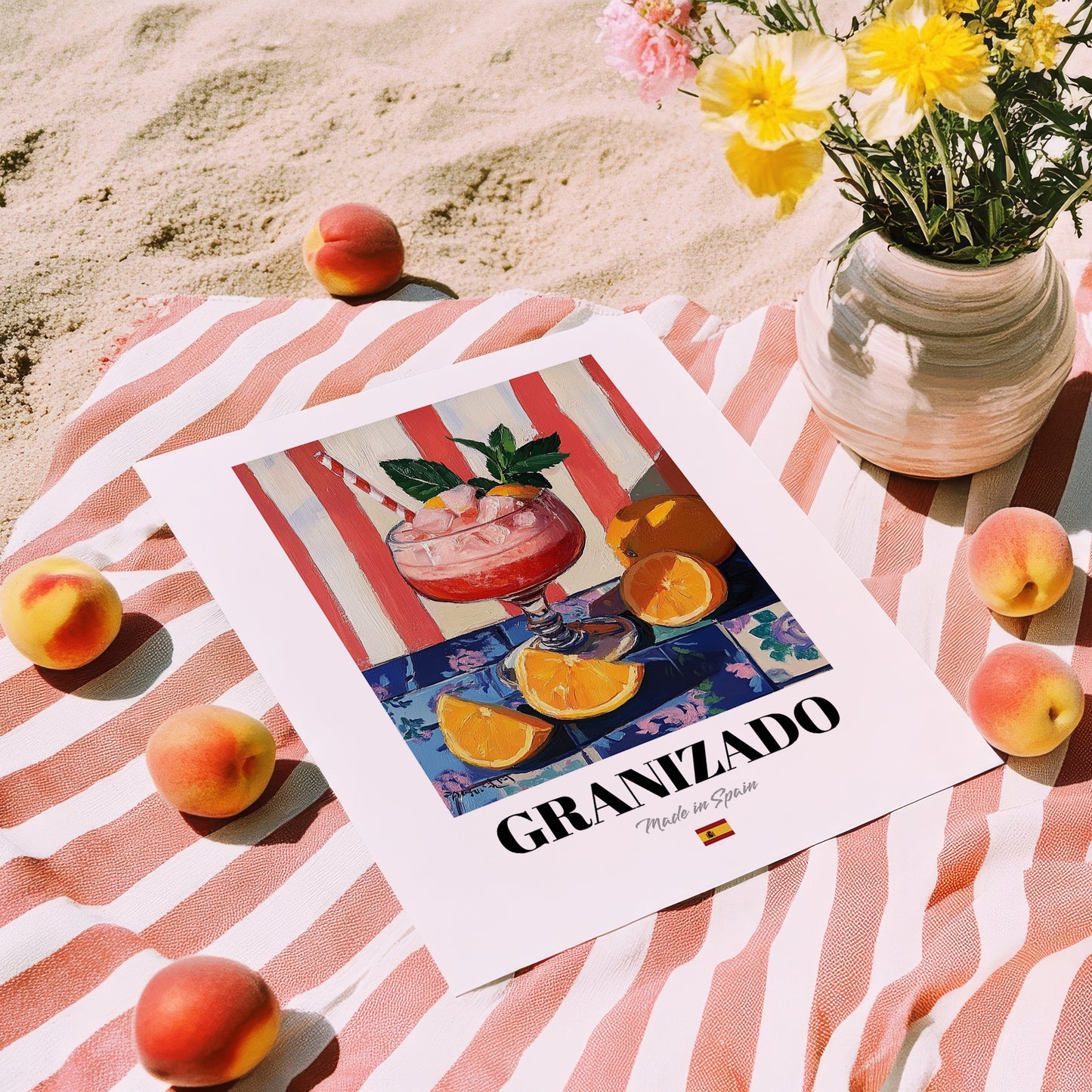 Granizado – Spanish Beverage Drink, Jazz Bar Wall Art, unframed on coastal sand