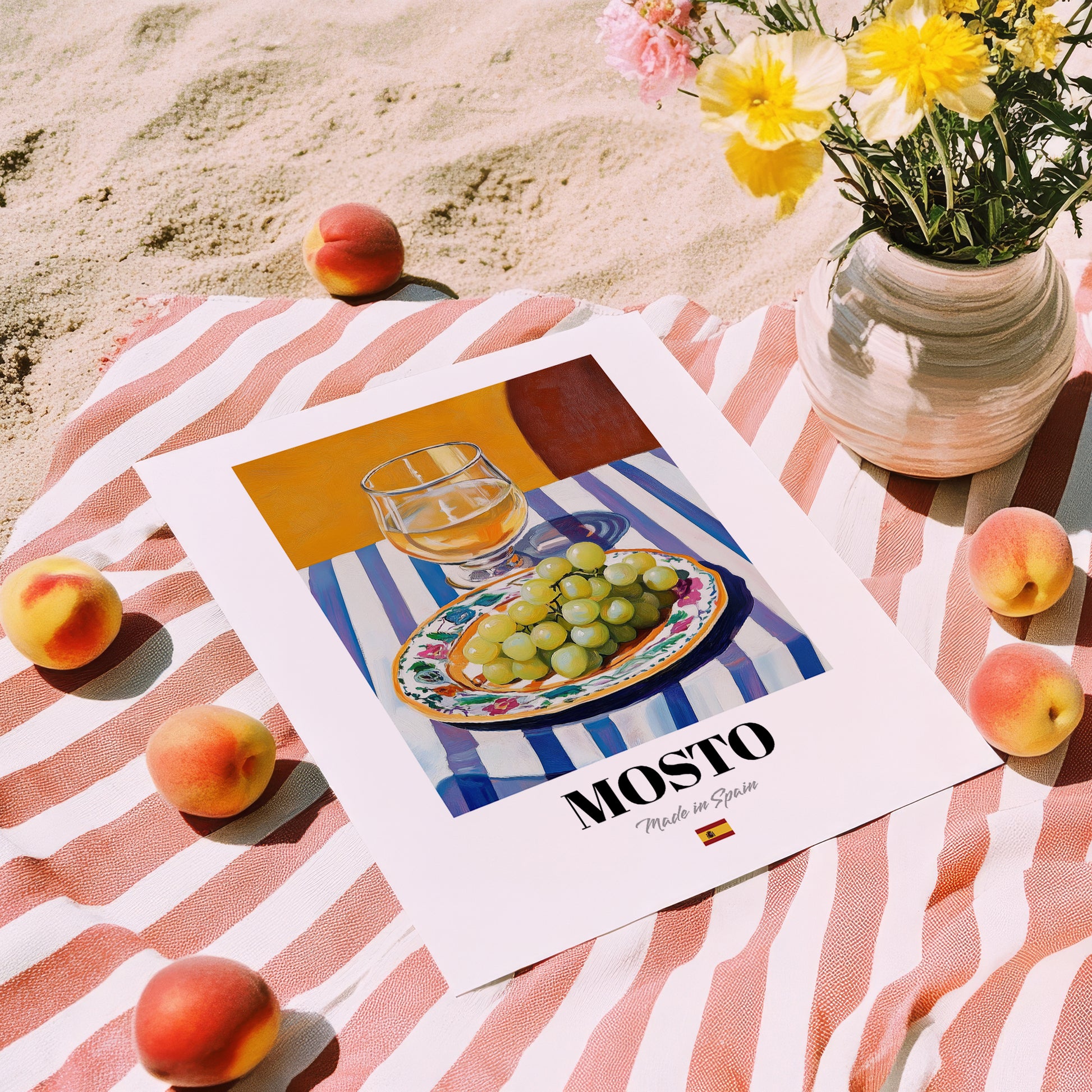 Mosto – Spanish Beverage Drink, Sky Bar Art, unframed on coastal sand