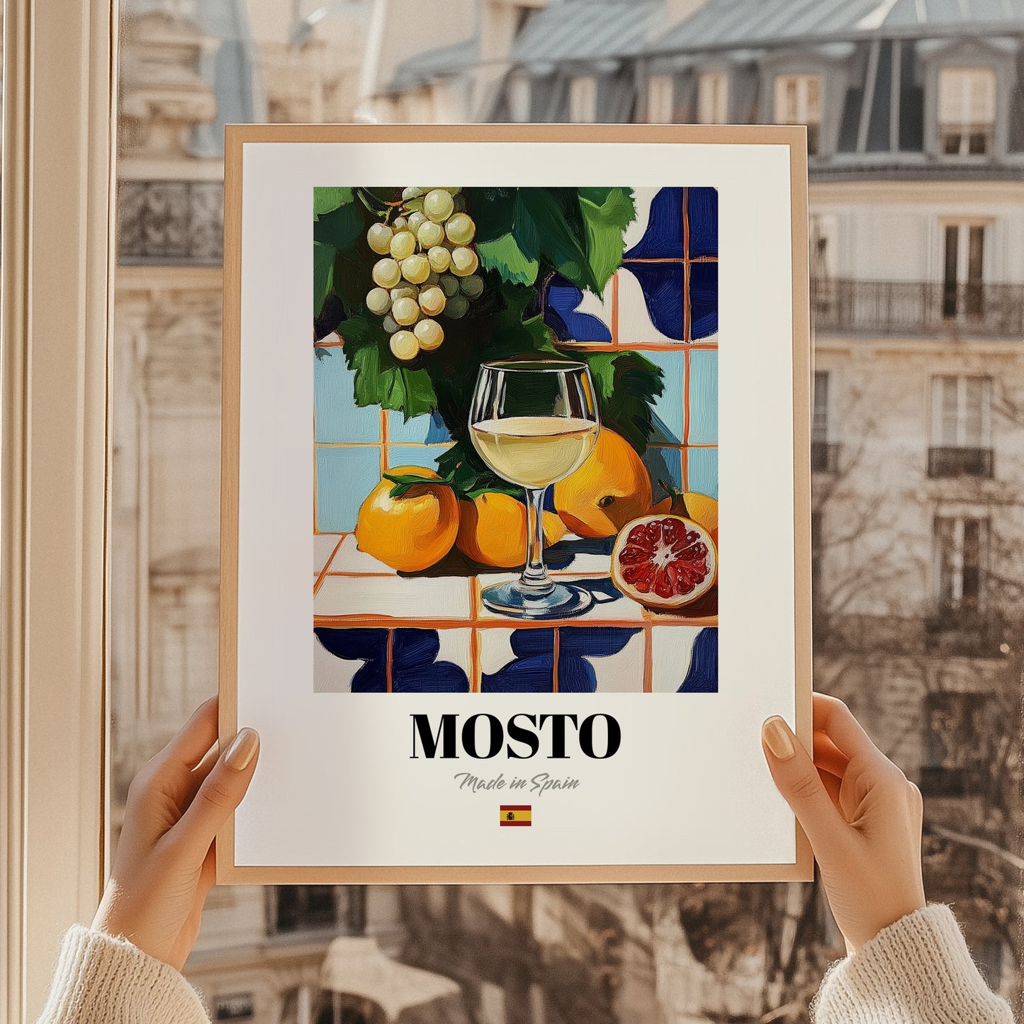 Mosto – Spanish Beverage Drink, Beach Bar Poster, styled in a charming Paris street view