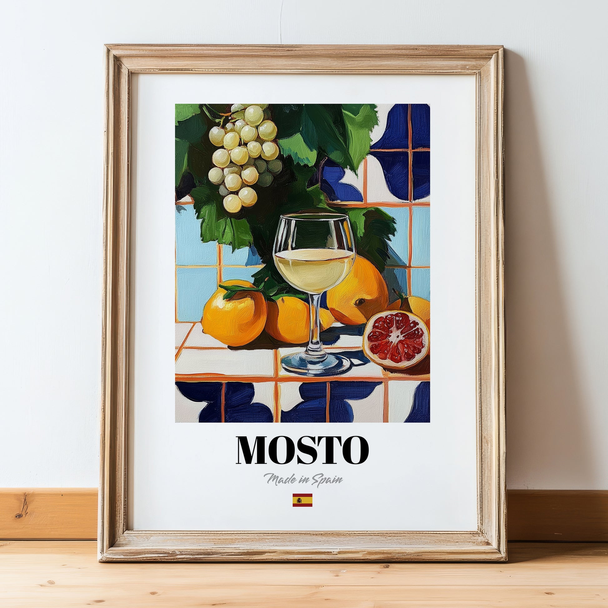 Mosto – Spanish Beverage Drink, Beach Bar Poster, in wooden frame leaning on the floor