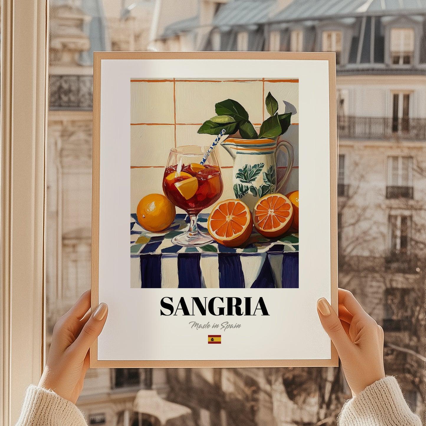 Sangria – Spanish Cocktail Drink, Rooftop Terrace Poster, styled in a charming Paris street view