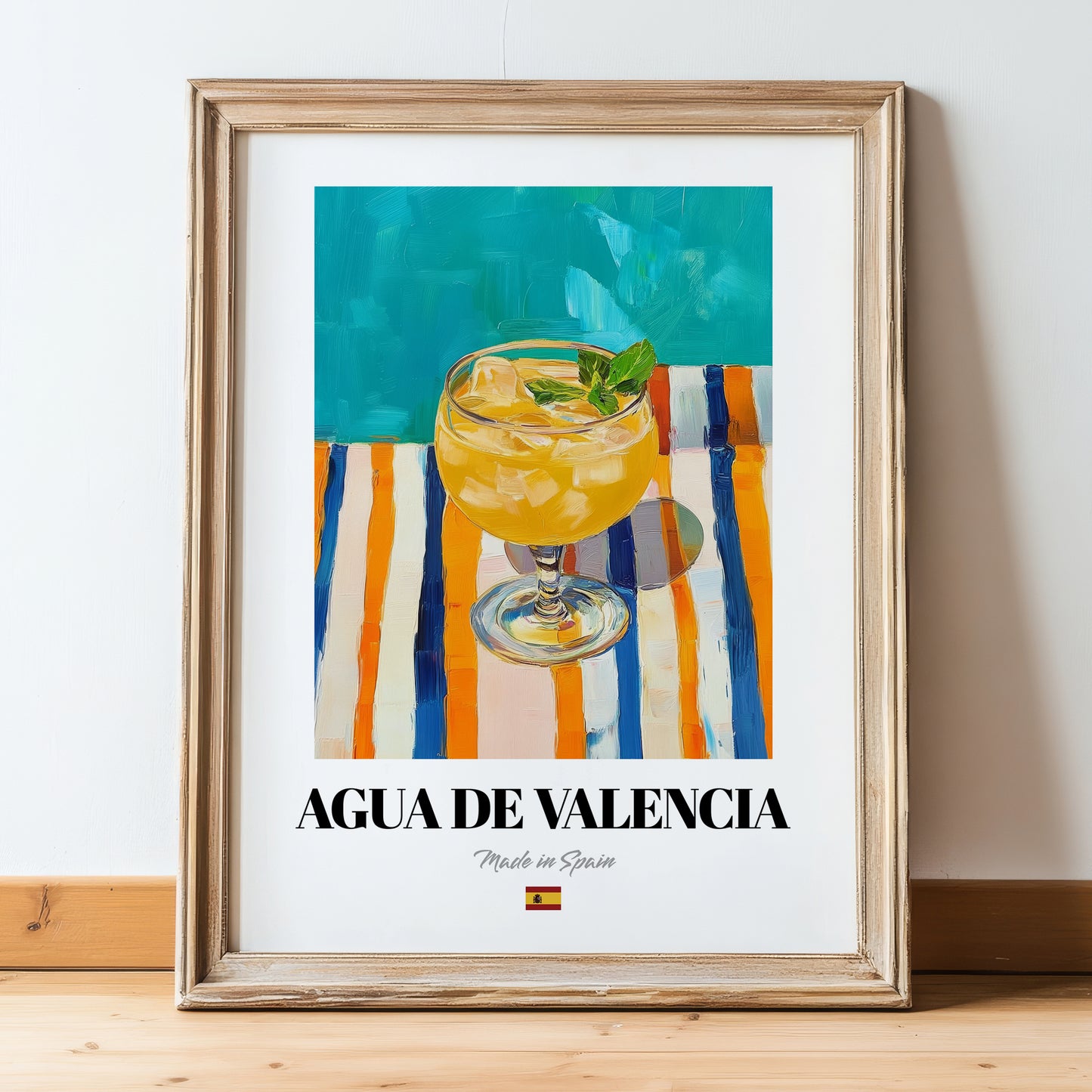 Agua de Valencia – Spanish Cocktail Drink, Cocktail Lounge Poster, in wooden frame leaning on the floor