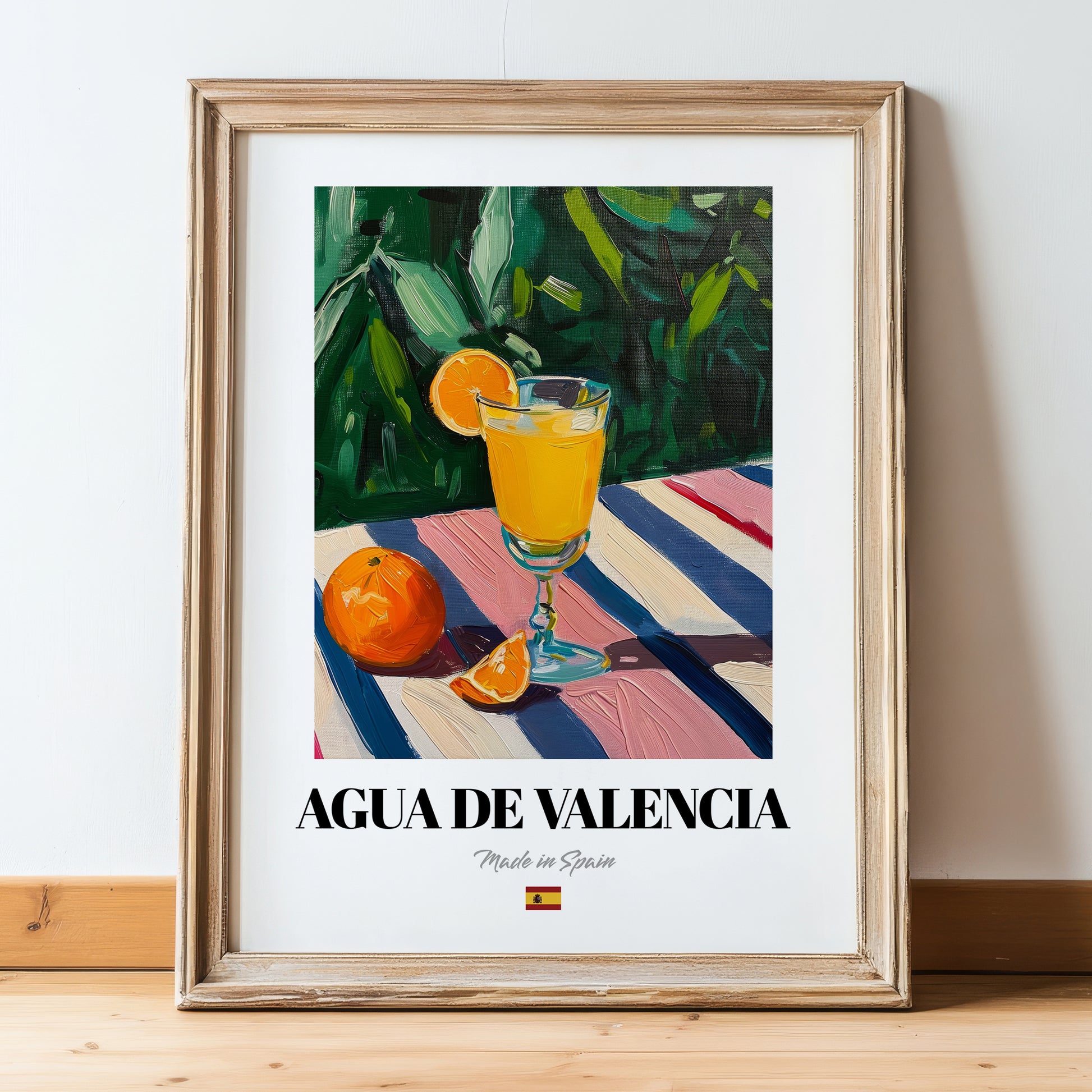 Agua de Valencia – Spanish Cocktail Drink, Sky Bar Wall Art, in wooden frame leaning on the floor