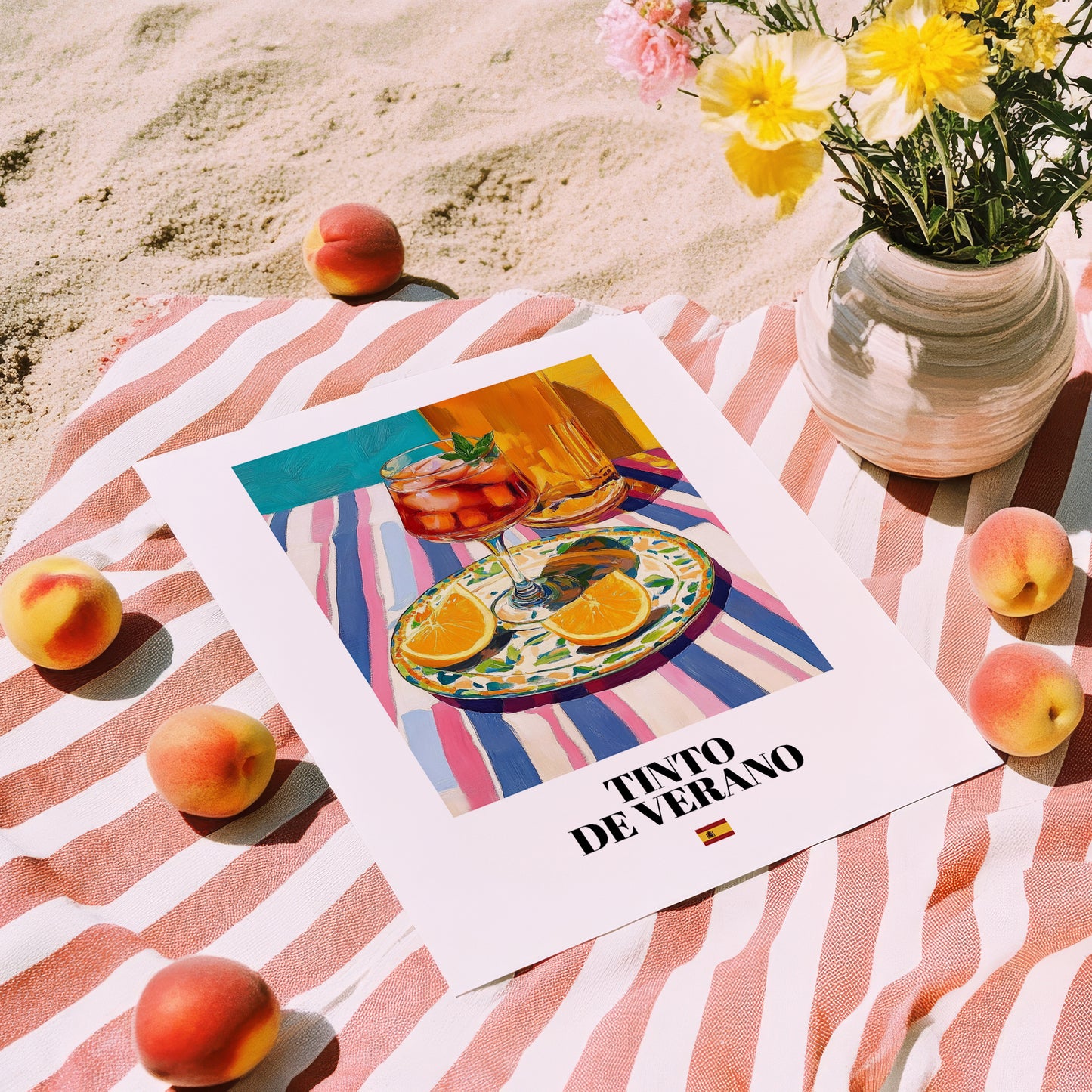 Tinto de Verano – Spanish Cocktail Drink, Hotel Lobby Illustration, unframed on coastal sand