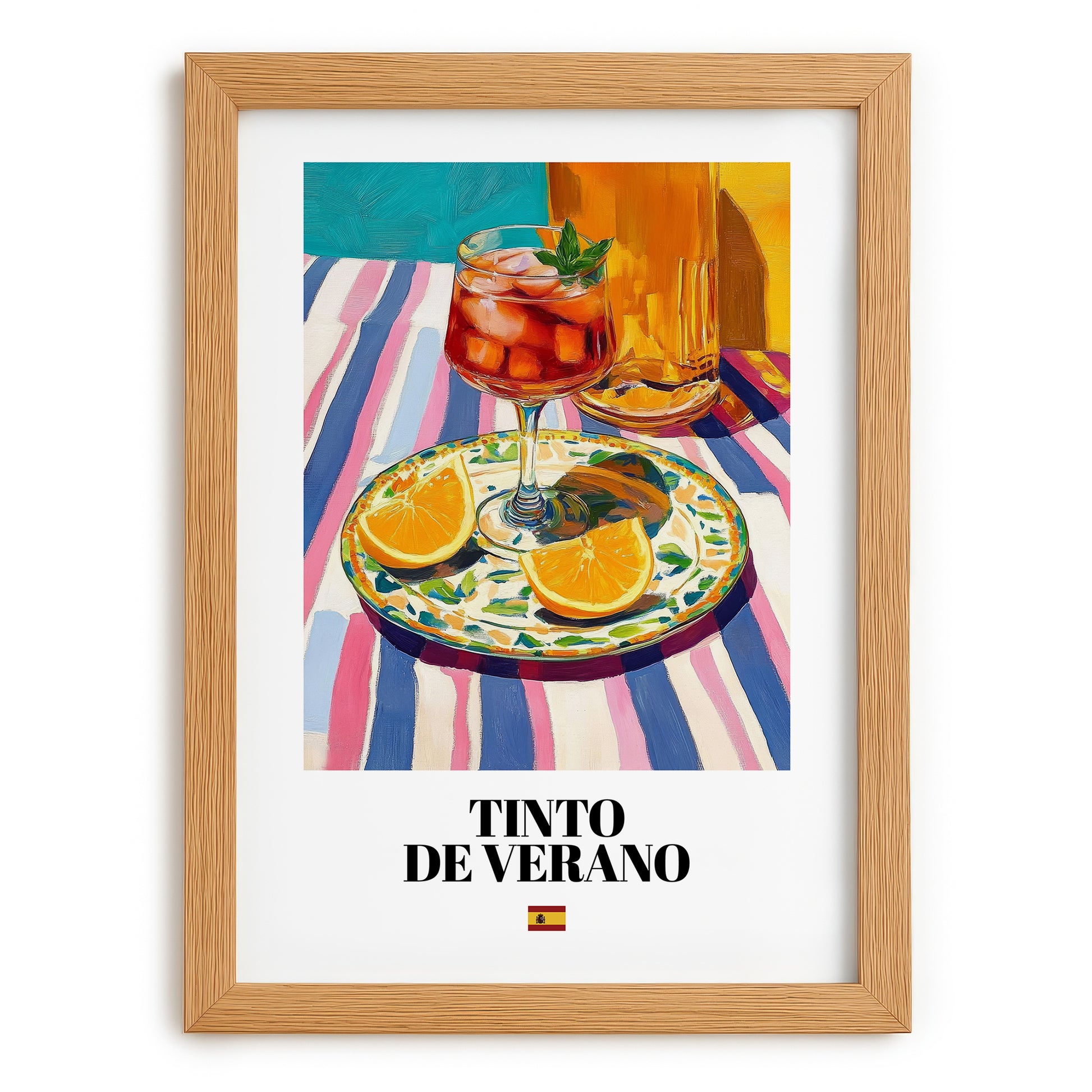 Tinto de Verano – Spanish Cocktail Drink, Hotel Lobby Illustration, set in oak frame
