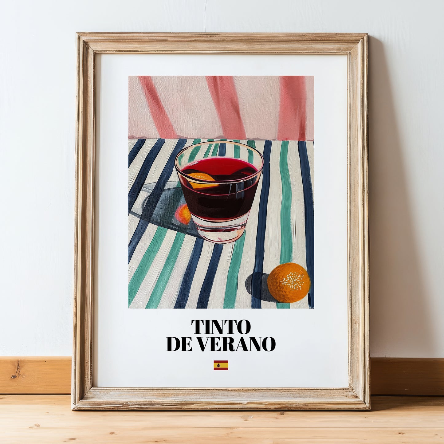 Tinto de Verano – Spanish Cocktail Drink, Speakeasy Illustration, in wooden frame leaning on the floor