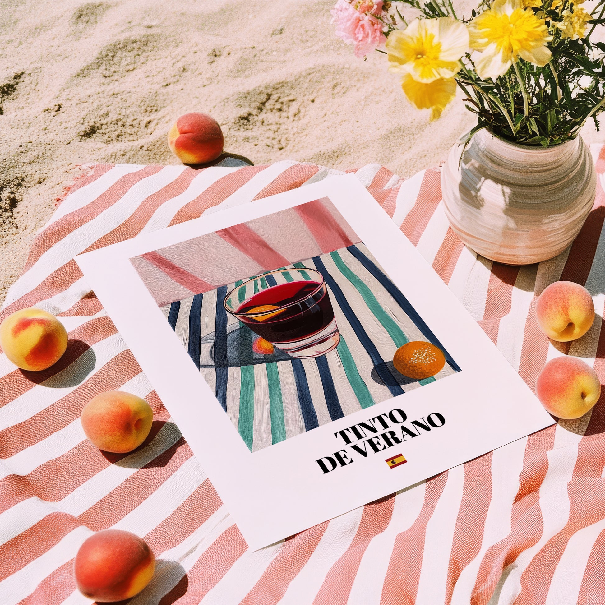 Tinto de Verano – Spanish Cocktail Drink, Speakeasy Illustration, unframed on coastal sand