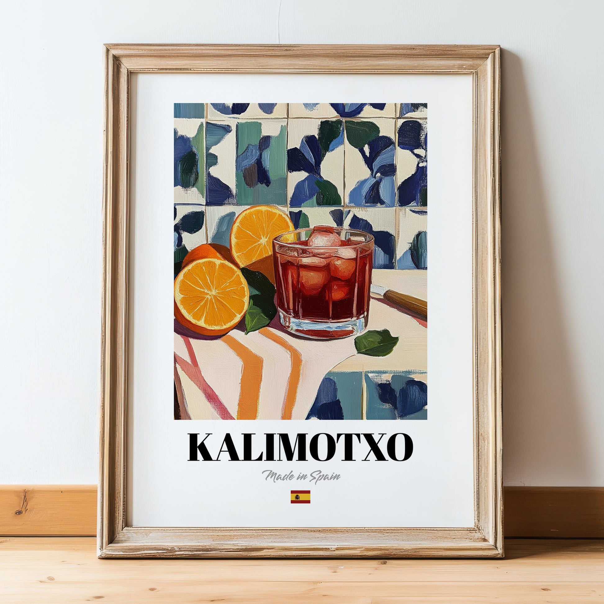Kalimotxo – Spanish Cocktail Drink, Jazz Bar Wall Art, in wooden frame leaning on the floor