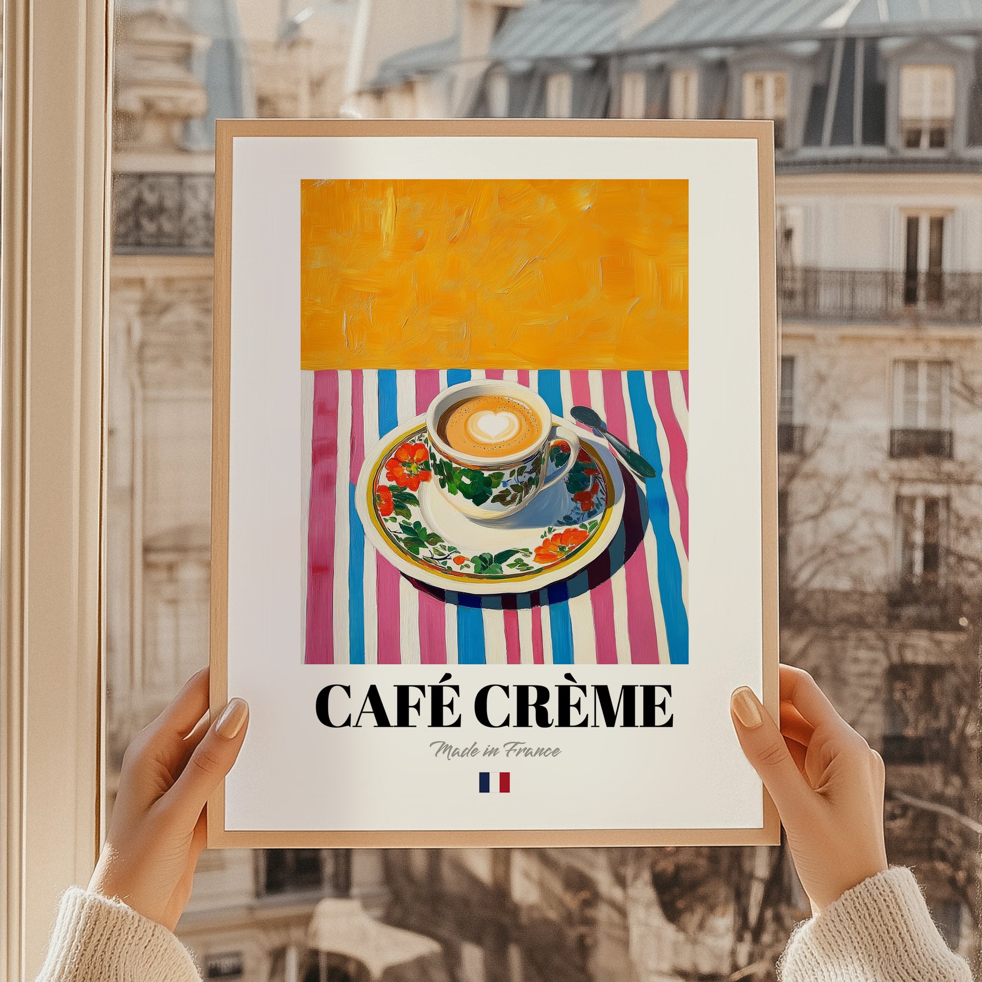 Café Crème – French Coffee, Espresso Bar Wall Art, styled in a charming Paris street view