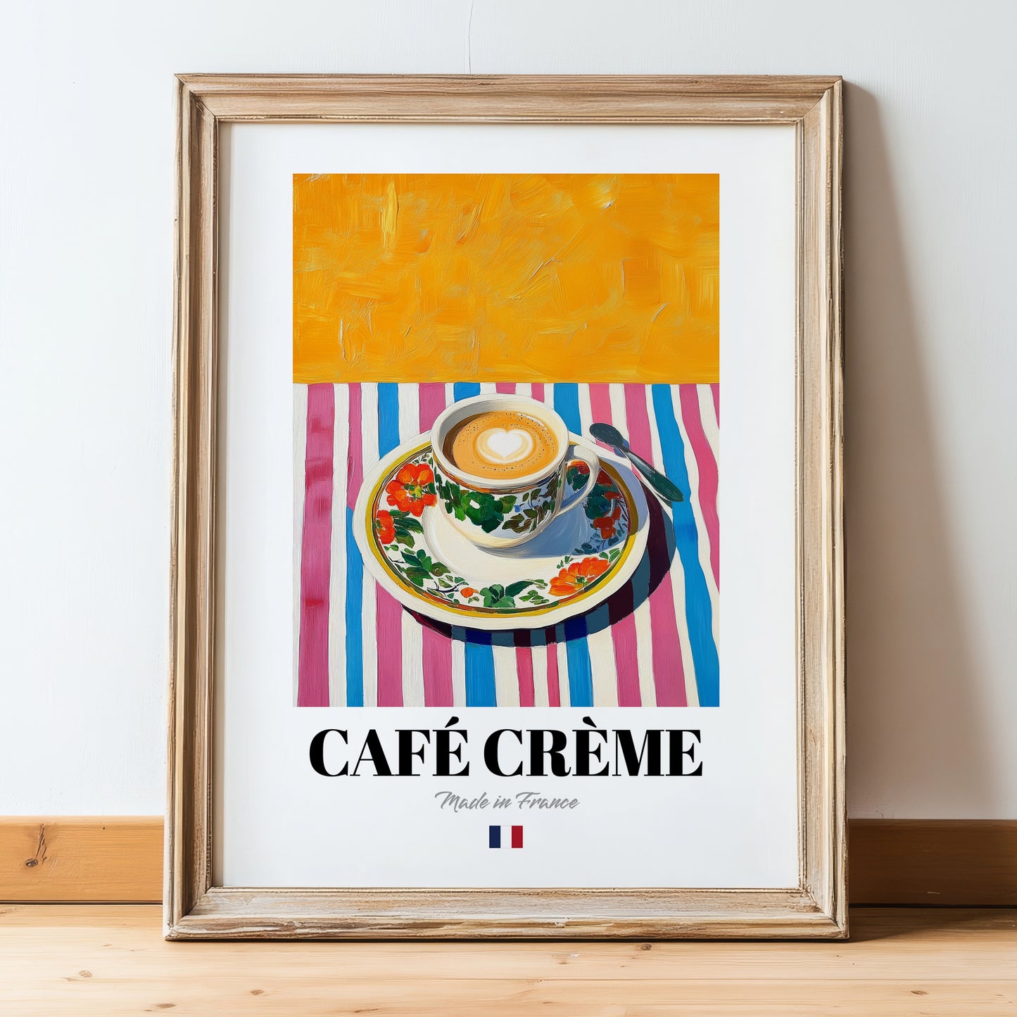Café Crème – French Coffee, Espresso Bar Wall Art, in wooden frame leaning on the floor