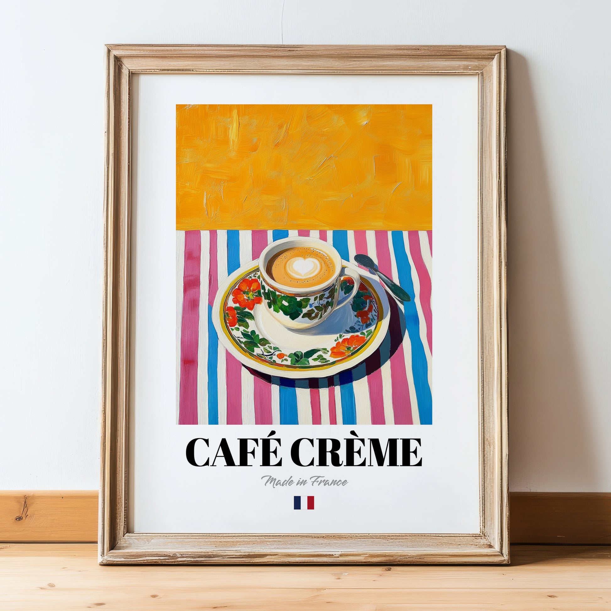 Café Crème – French Coffee, Espresso Bar Wall Art, in wooden frame leaning on the floor