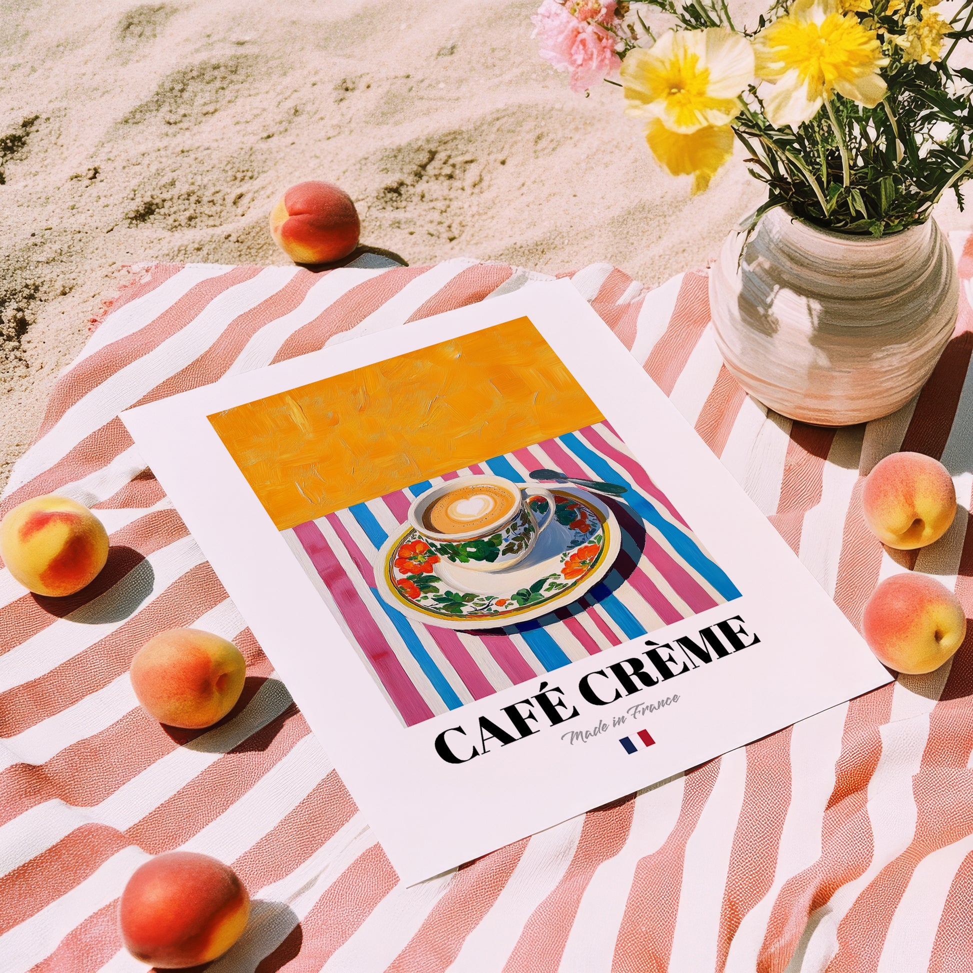 Café Crème – French Coffee, Espresso Bar Wall Art, unframed on coastal sand